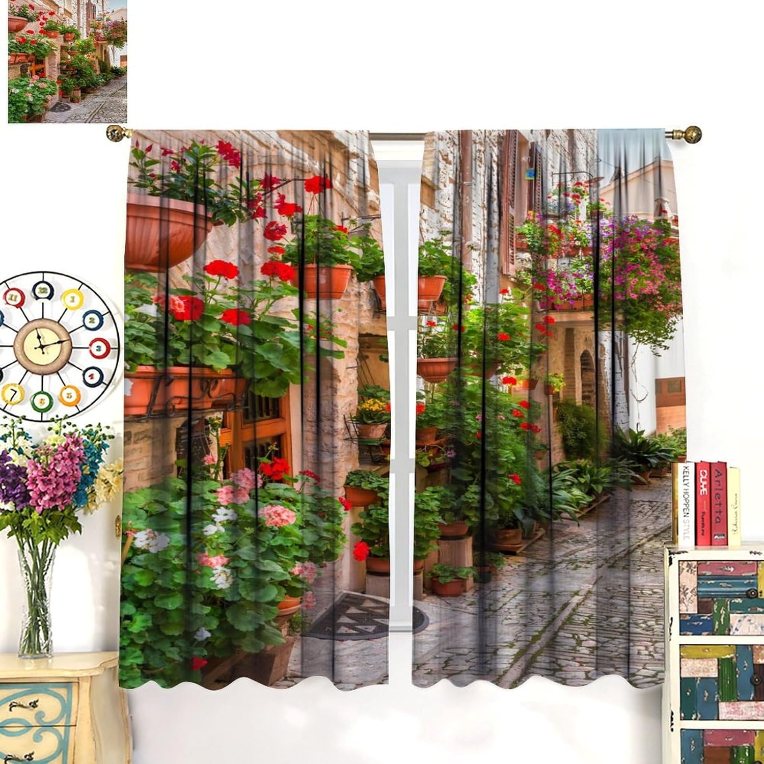 Italian Blackout Curtain,Romantic Flowers Street Rod Pocket Window Curtains,Small Town with Floral Porches Background Window Drapes for Woman Girl Bedroom Living Room Kitchen Office Decor 52x84 Inch