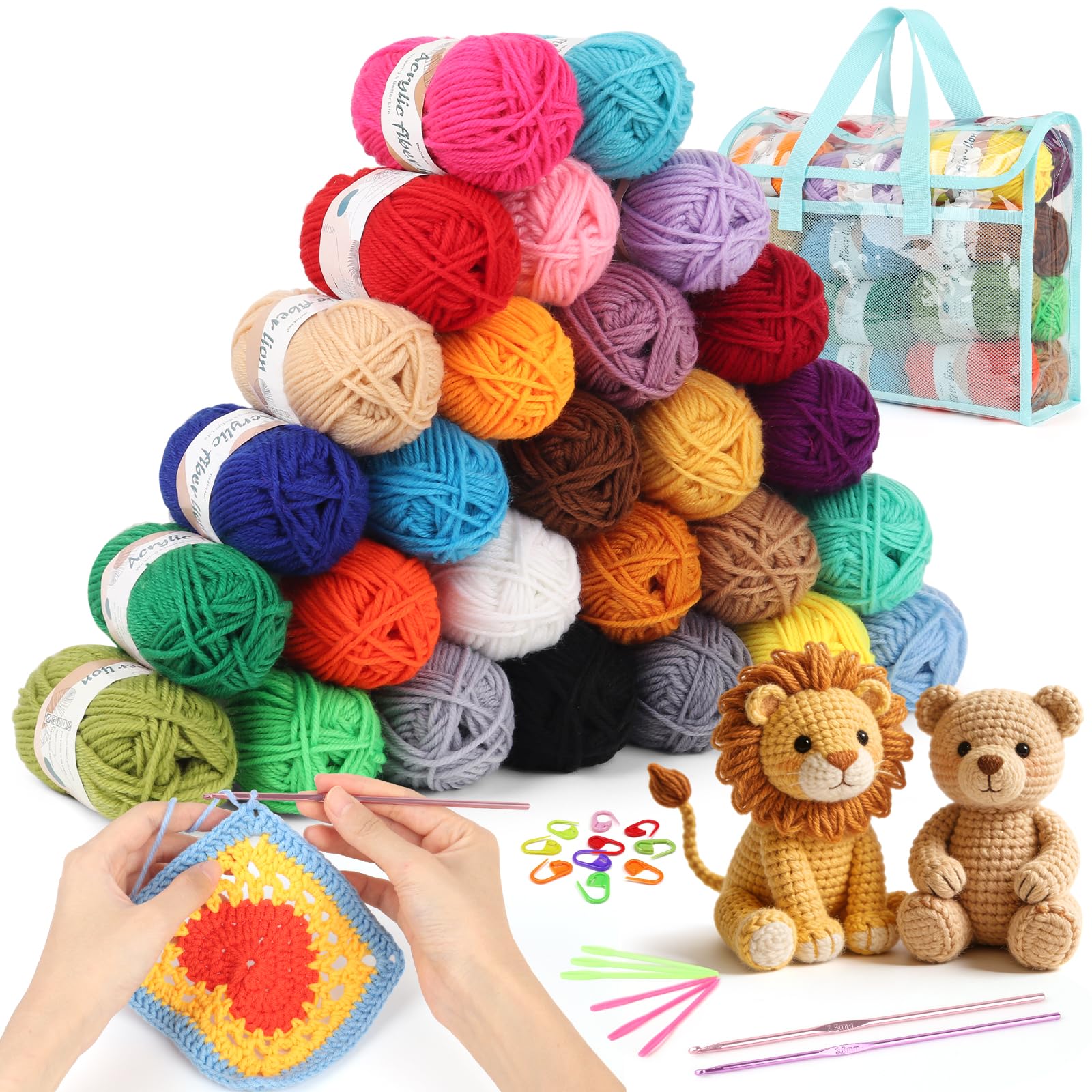 Coopay Crochet Yarn Kit, 27x25g Multicoloured Acrylic Yarn Knitting Wool for Crochet, Crochet Kits for Beginners with Aluminum Hooks Stitch Markers Bag, Beginner Crochet Yarn for Crafts or Amigurumi