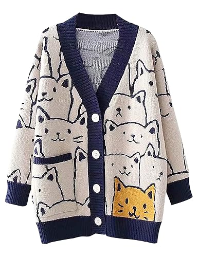 Arssm Cat Sweater for Women Oversized Button Down V Neck Knit Cardigan Cute Kawaii Cartoon Print Sweater Fall Clothes