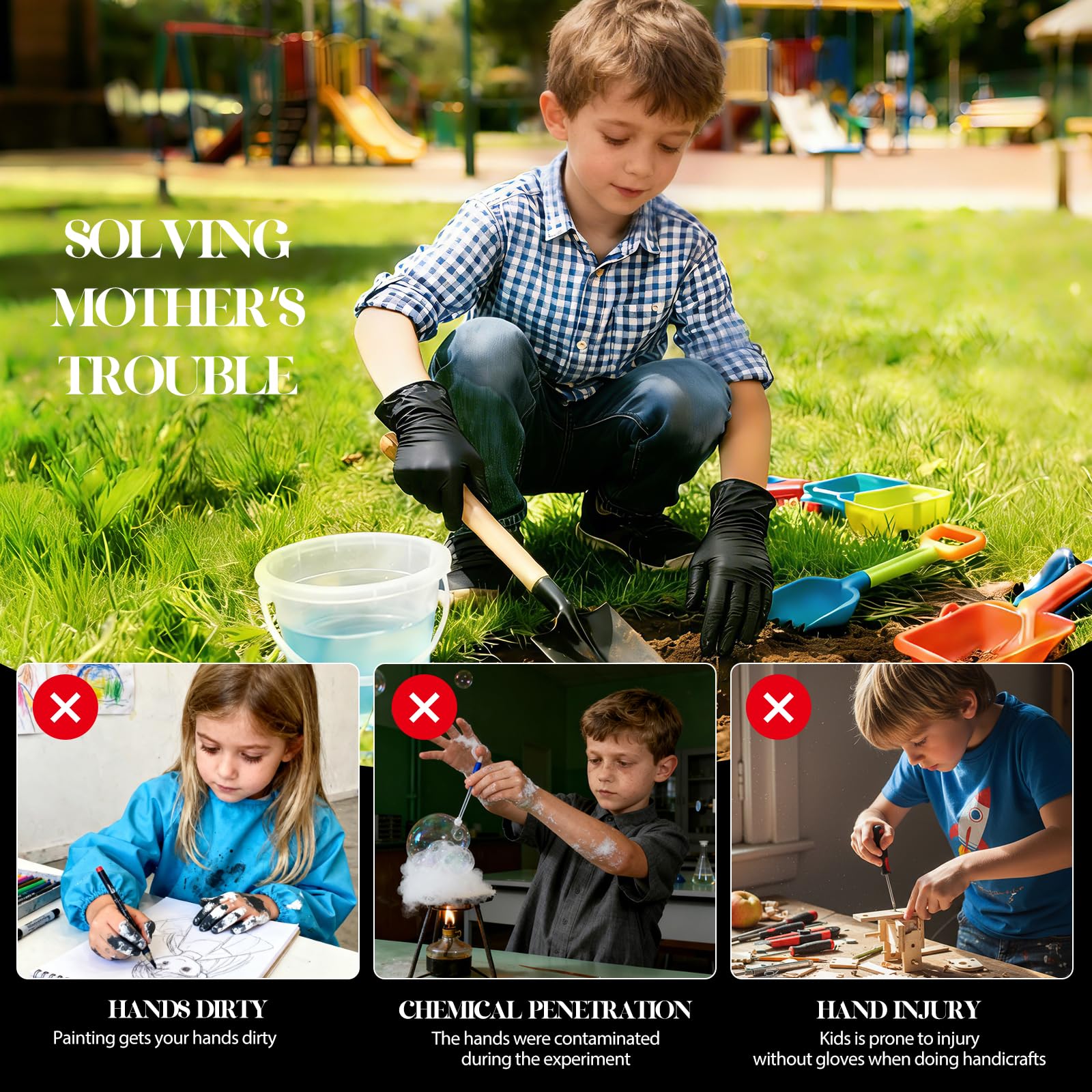 Guanti in nitrile per bambini dai 6 ai 10 anni, guanti monouso neri da 5 mila per lavoro, pulizia, cucina, giardinaggio, vernice, senza lattice e senza polvere (S,50 pezzi)