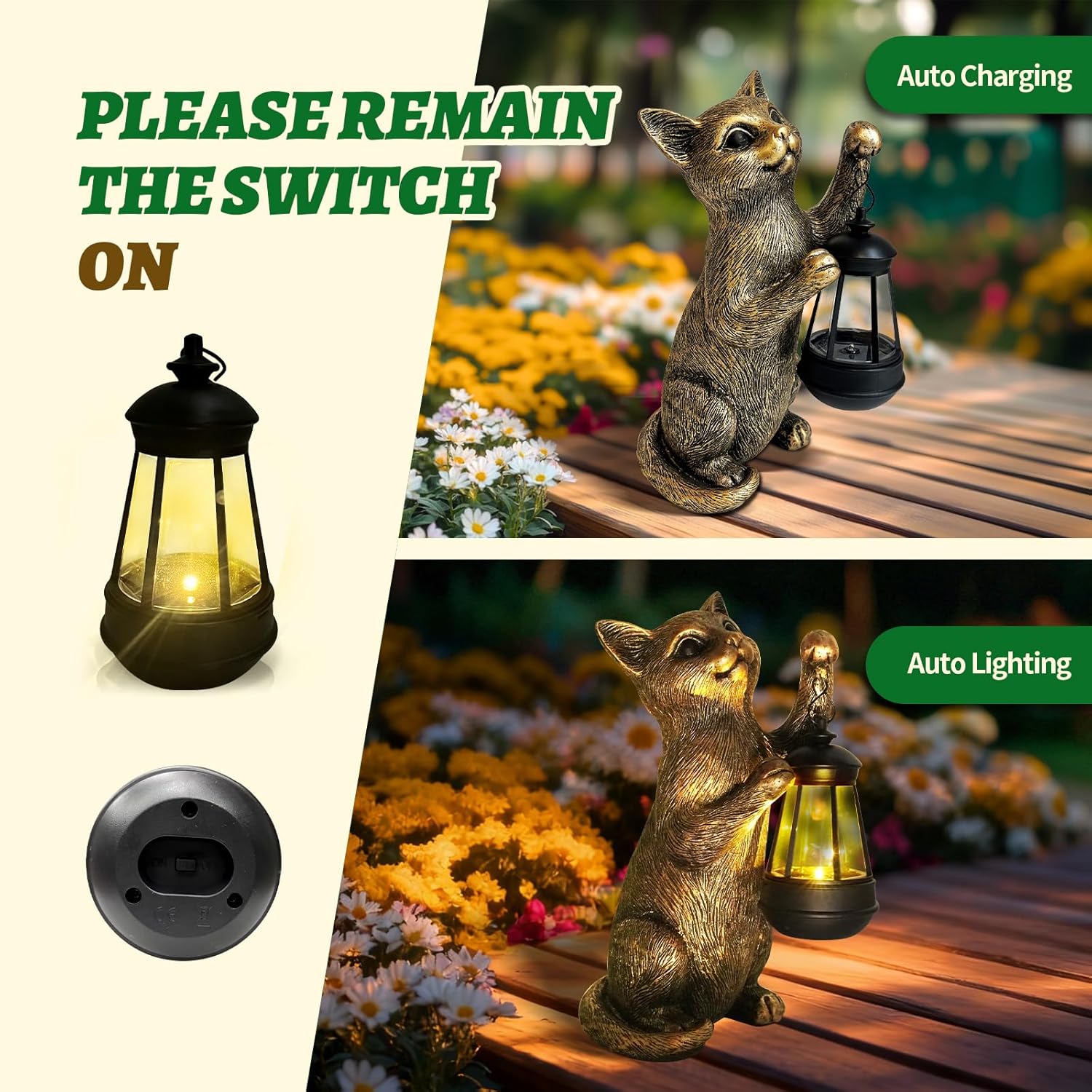 HONGLAND Cat Outdoor Statues Garden Decor, Cat Figurines Solar Lantern Lights, Birthday Gifts for Mom, Front Patio Balcony Yard Art Lawn Ornaments Porch Outdoor Decorations - Image 3