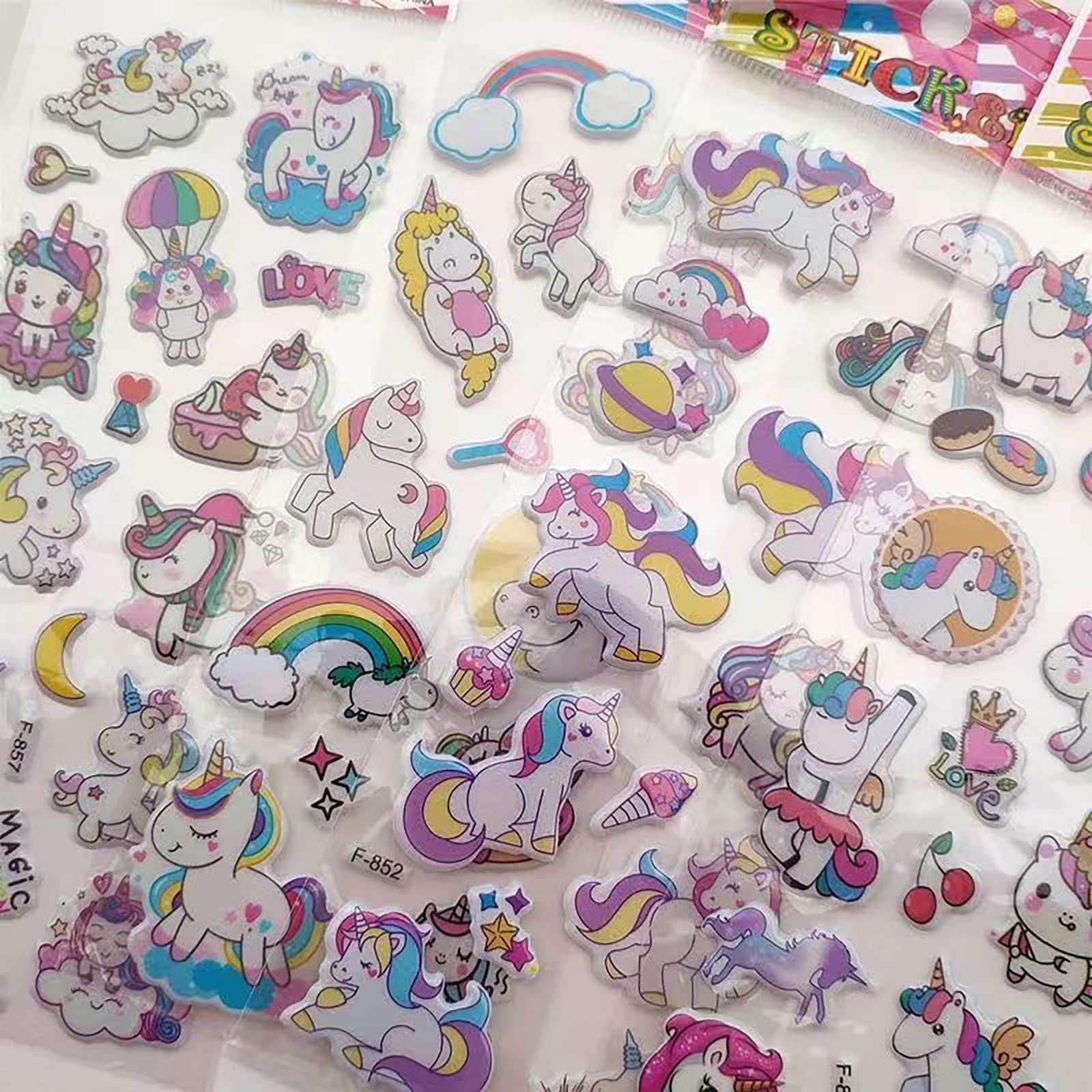 Autocollant Licorne Enfant,12 Feuilles lot Gommettes 3D pour Enfants 2 à 4 Ans,Autocollants Gommettes Stickers pour Garçon fille Bricolage Scrapbooking Récompense Cadeaux Cadeau Anniversaire Enfant