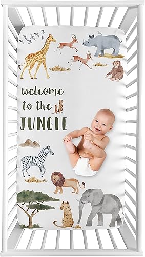 Sweet Jojo Designs Animales de la selva - Sábana bajera ajustable para cuna para bebé bebé foto del bebé color verde amarillo gris naranja negro