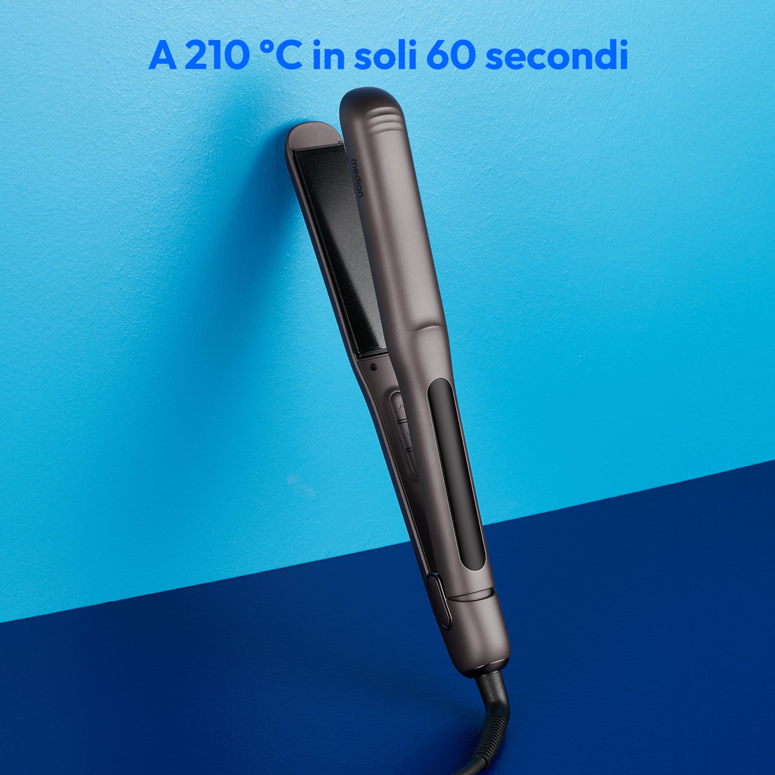 MEDION HS1 Piastra con display (5 impostazioni di calore regolabili, piastre riscaldanti flessibili in ceramica/tourmalina con sensore di temperatura, piastra per capelli) grigio