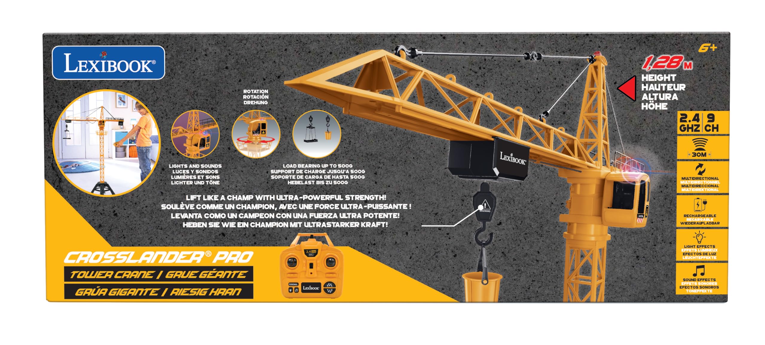 Lexibook, Crosslander® Pro, Gru RC, Gru gigante telecomandata, Altezza 1,28 m, Solleva fino a 500g, Multidirezionale, Effetti sonori e luminosi, Gialla, RCP35