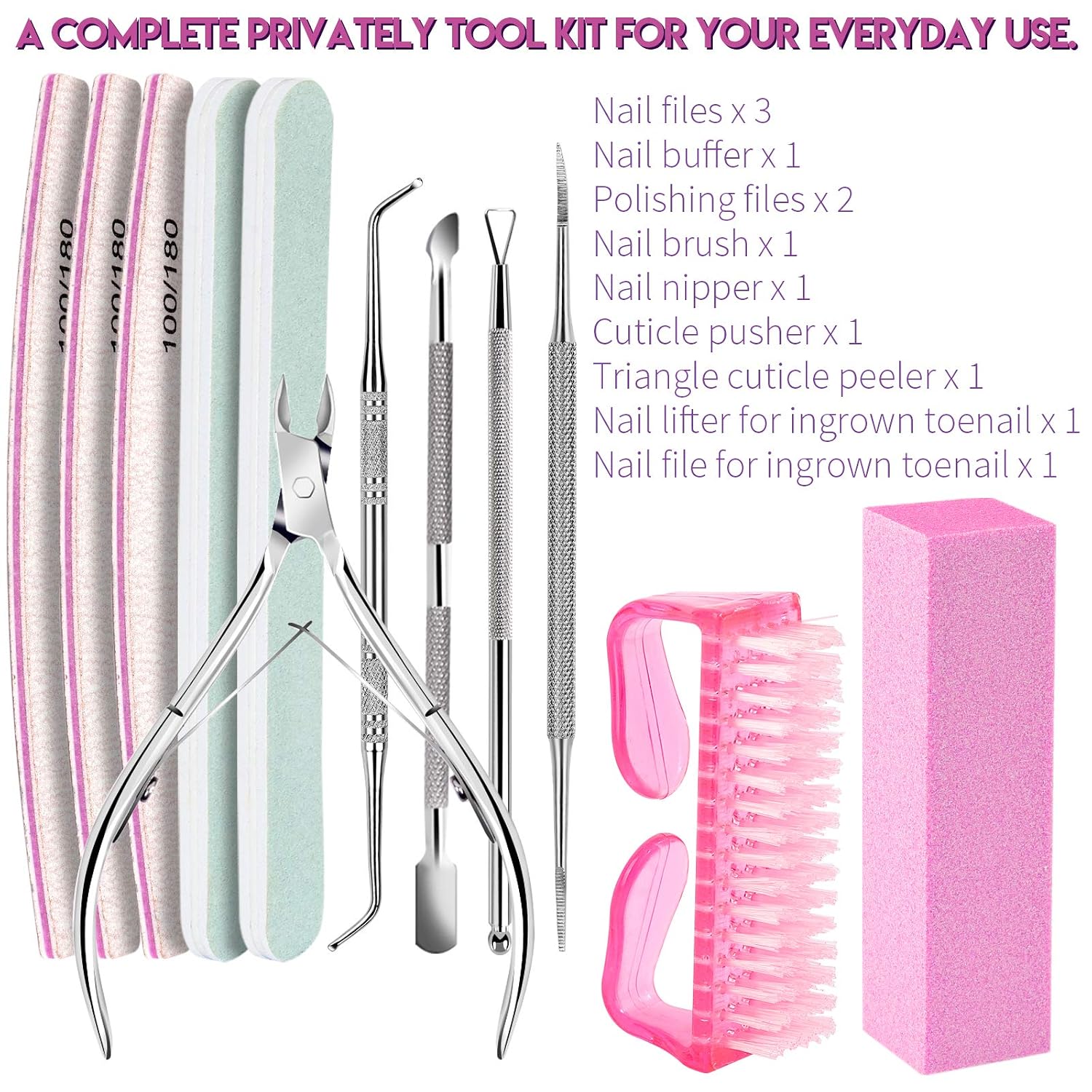 Nail Care Tool Kit, FANDAMEI Nail Files 100/180, Buffer Block, Cuticle Nippers, Cuticle Pusher, Cuticle Peeler, Nail Lifter for Ingrown Toenails, Toenail File, Nail Brush, for Manicure and Pedicure