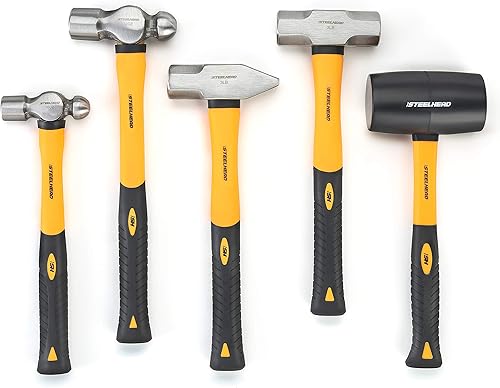 STEELHEAD Juego de martillo y mazo de mango de fibra de vidrio de 5 piezas, 16 onzas, peen de bola de 32 onzas, mazo de goma de 32 onzas, trineo de