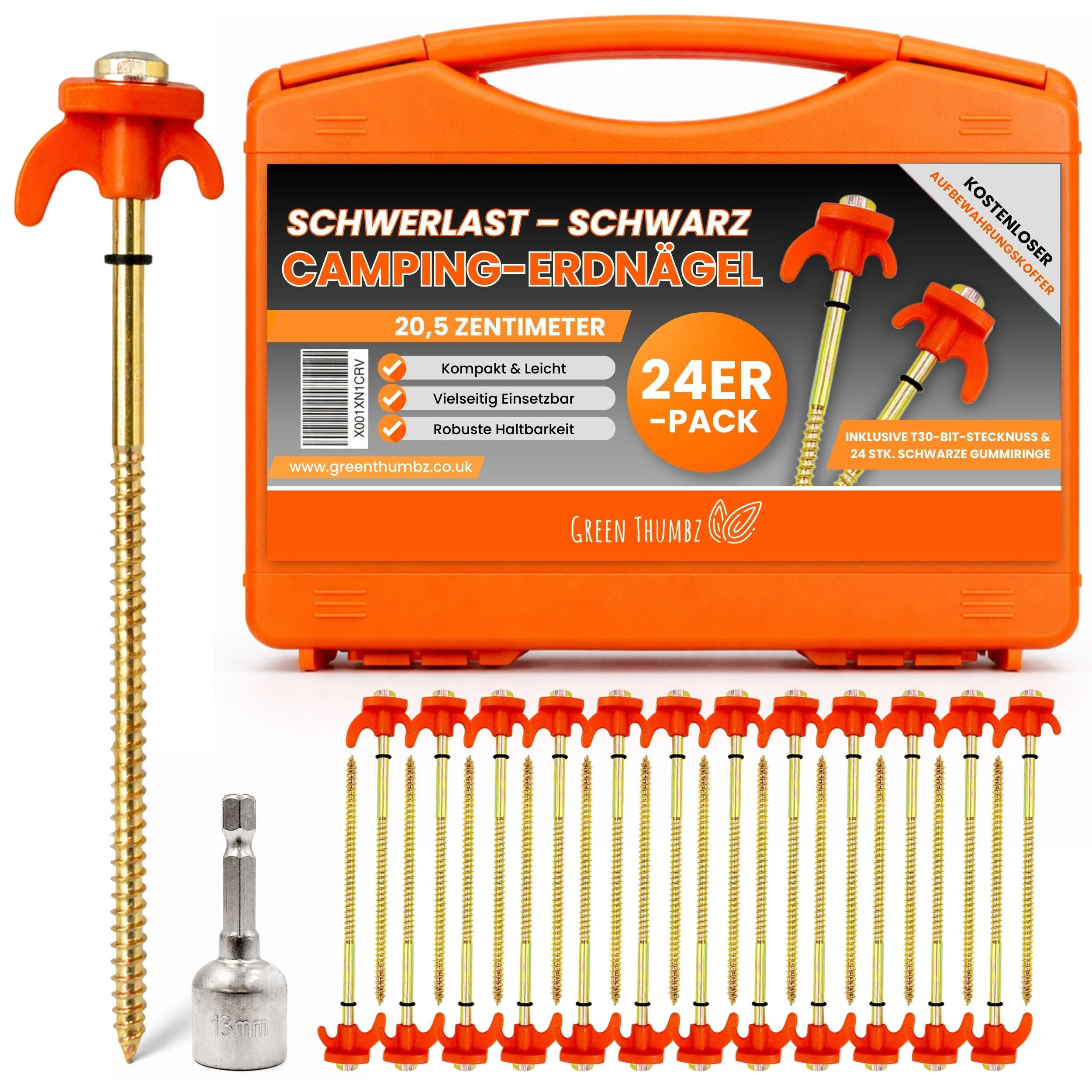 24 Stück Zeltheringe, Stahl Schraubheringe, Orangefarbene Camping Erdnägel mit Aufbewahrungsbox 20,5 cm lang Felsboden-Erdnägel für Outdoor, harten Boden und Holz