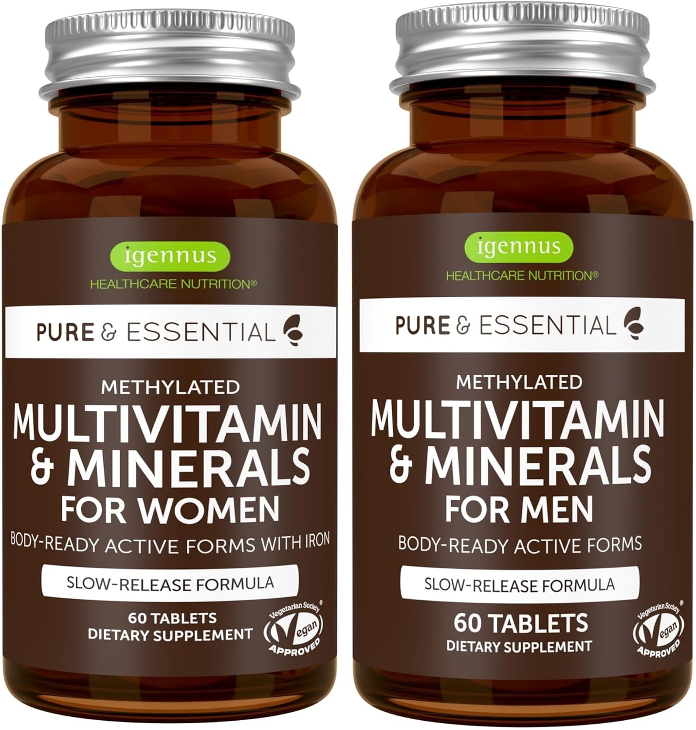 Igennus Methylated Multivitamin for Men & Women 2-Pack, All-Day Nutrient Delivery, Pure & Clean, Methylfolate & Methylcobalamin, High Strength MTHFR Supplement, Non-GMO & Halal, 30 Day Supply