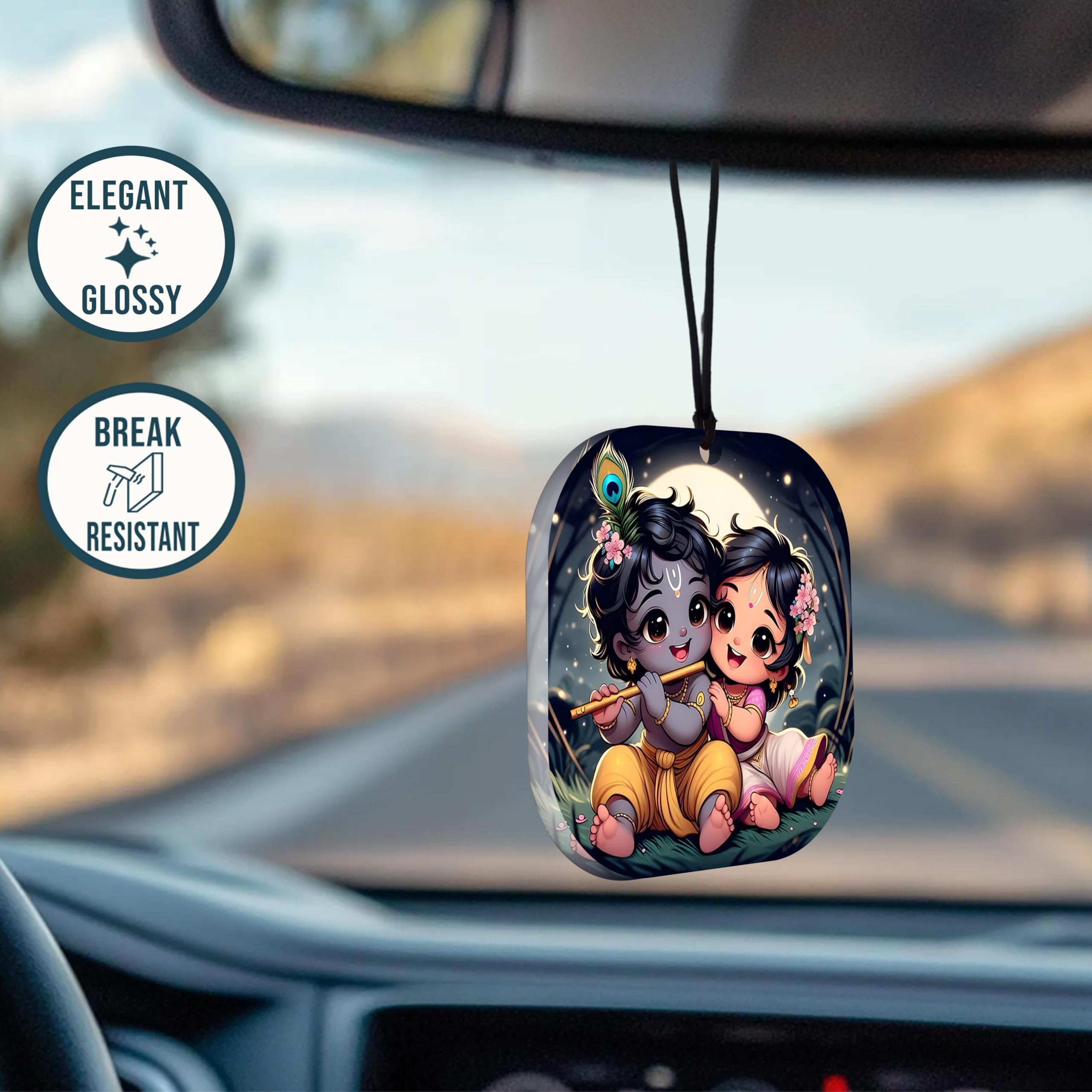DECOCRU Little Radha Krishna Car Hanging | Acrylic Car Hanging | Baby Radha Krishna Hanging Gift | Printed Car Accessory | Car Dashboard Hanging Gift | Rectangular Circle Shape (2.5 Inch x 2.5 Inch)