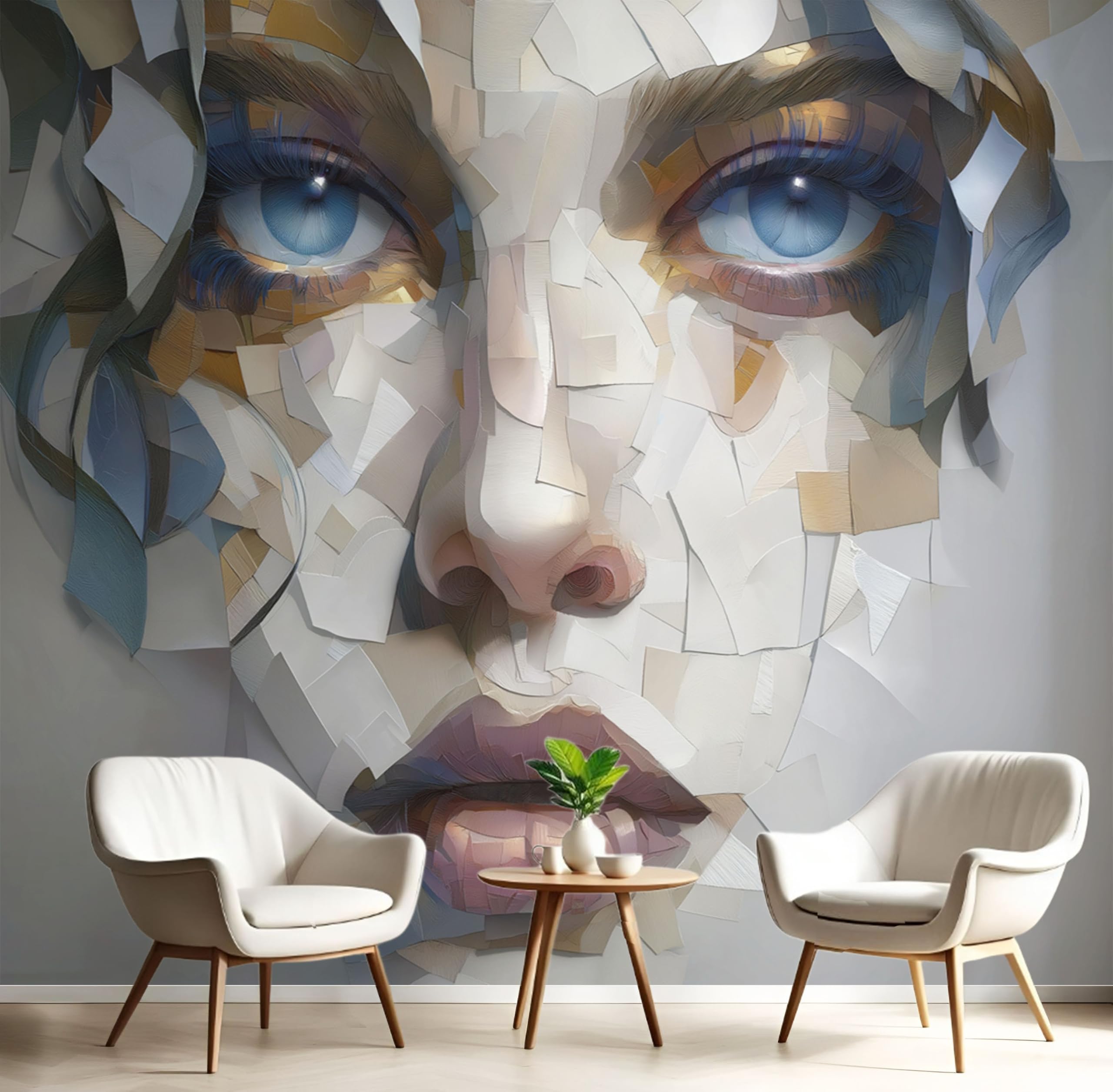 Papier peint panoramique 3D beige pour masquer un mur terne de salon