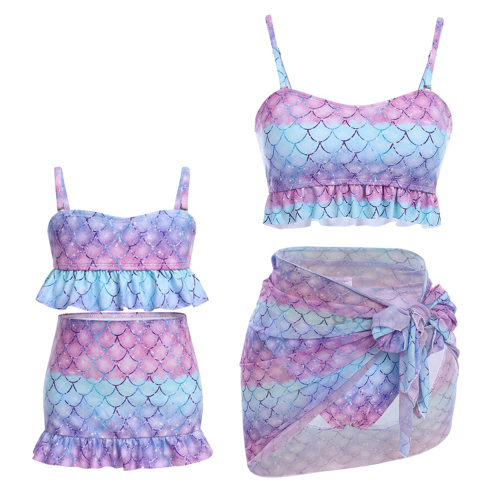 Mommy and Me Swimsuit Bright Color Cute Prints Ruffle Tankini Family Matching Swimwear Two Pieces Bikini Bathing Suit Summer Mother Daughter Beachwear Sets Purple Mermaid Large