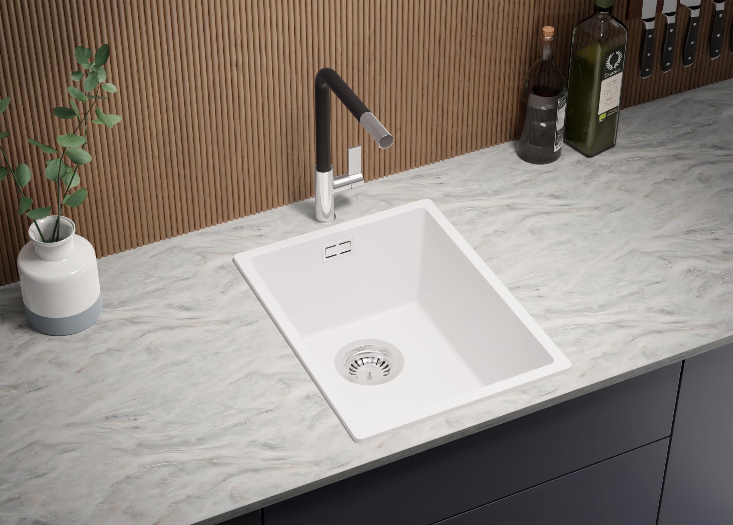 PRIMAGRAN Lavello da Cucina Tutto Bianco 36x47cm, Lavandino in Granito a 1 vasca + Sifone Classico, Lavabo da Cucina Incasso al Mobile 40cm - London Slim S034