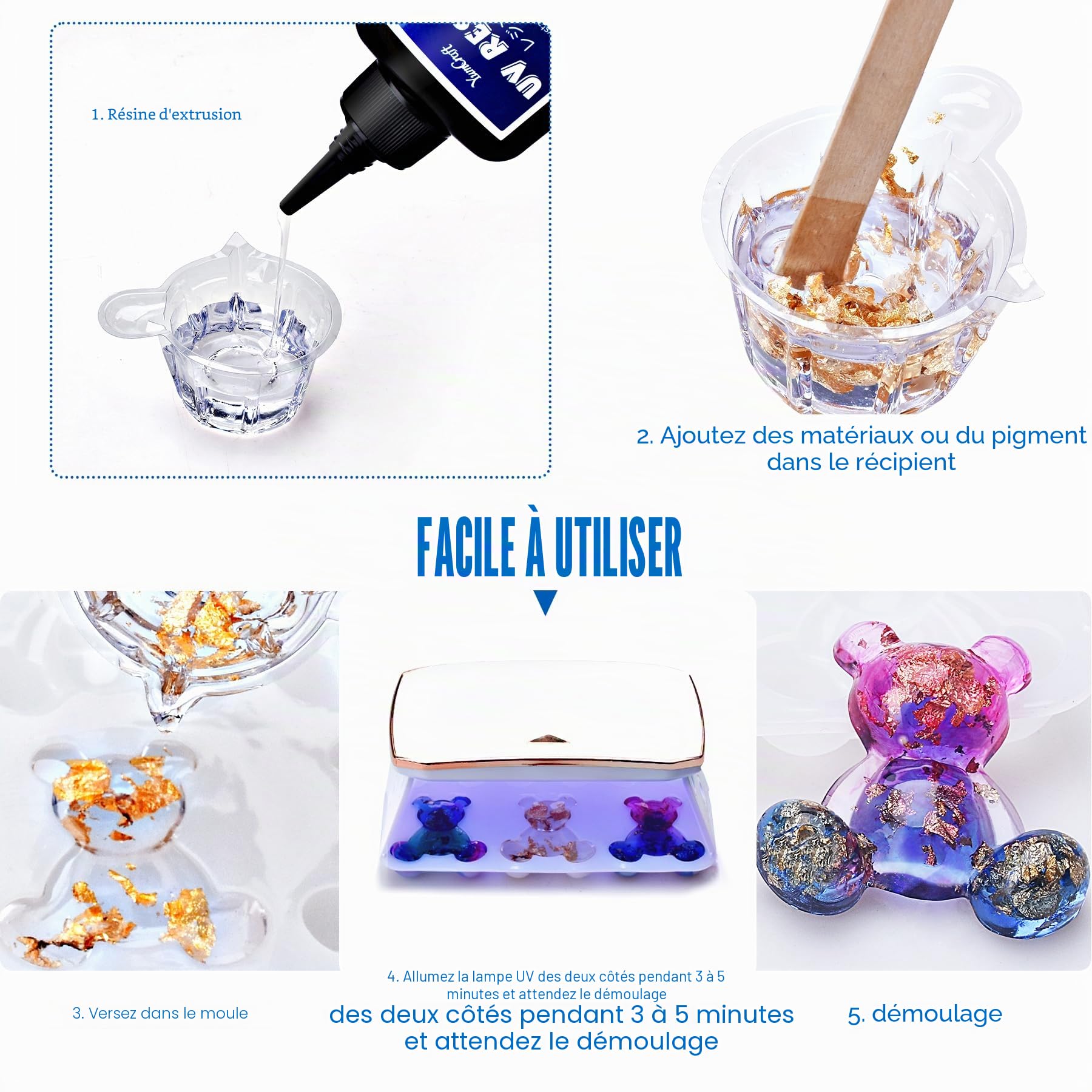 Résine UV Transparente 1000g, Résine Époxy Cristal Clair à Faible Viscosité & Sans Odeur, Durcissement Rapide pour Fabrication de Bijoux, Porte-clés, Moulage, Revêtement & Bricolage