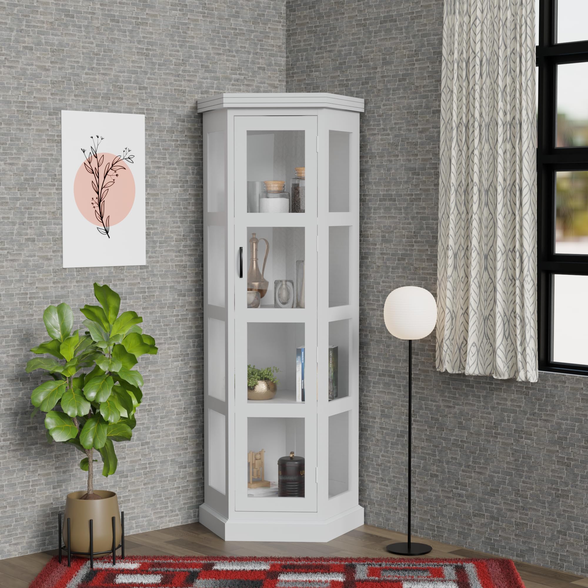 Krishna Wood Decor Soild Sheesham Wood Deco White Daimond Cut Hexagonal Display Book Shelf with Acrylic Glass Door, 4 Storage Shelves Conner Bookcase, Display Cabinet Use for Library & Gust Areas-image-49