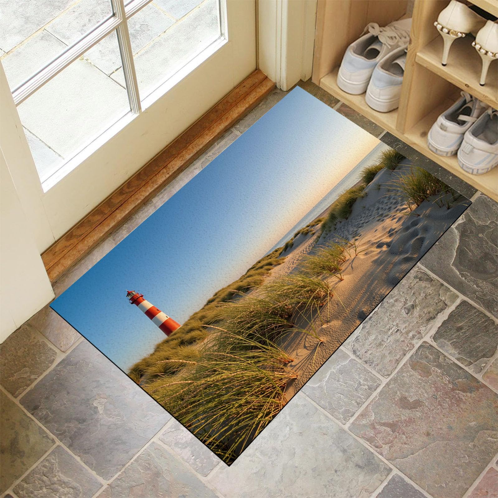 Paillasson naturel anti-saleté lavable motif plage prairie phare pour entrée