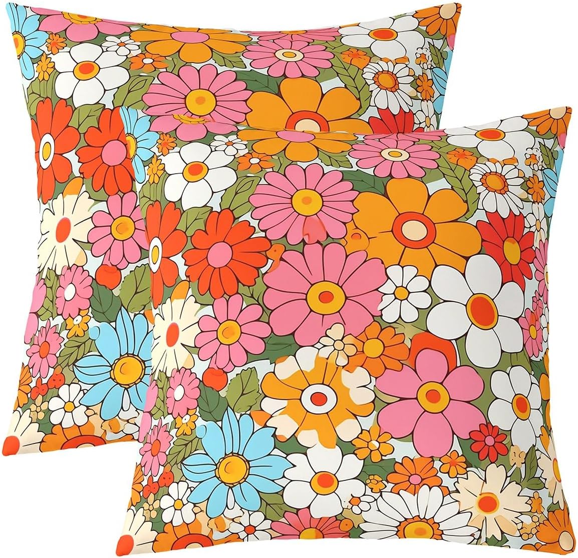 Groovy Flower Throw Pillowcases for Sofa Couch Chair 70S Hippie Flowers Bohemian Reversible Throw Pillow Covers Cases Retro Floral Boho Square Cushion Covers Set of 2 for Microfiber 16 x 16-