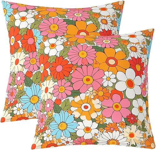 Groovy - Fundas de almohada de flores para sofá, silla, diseño de flores hippie de los años 70, fundas de almohada reversibles, fundas de almohada