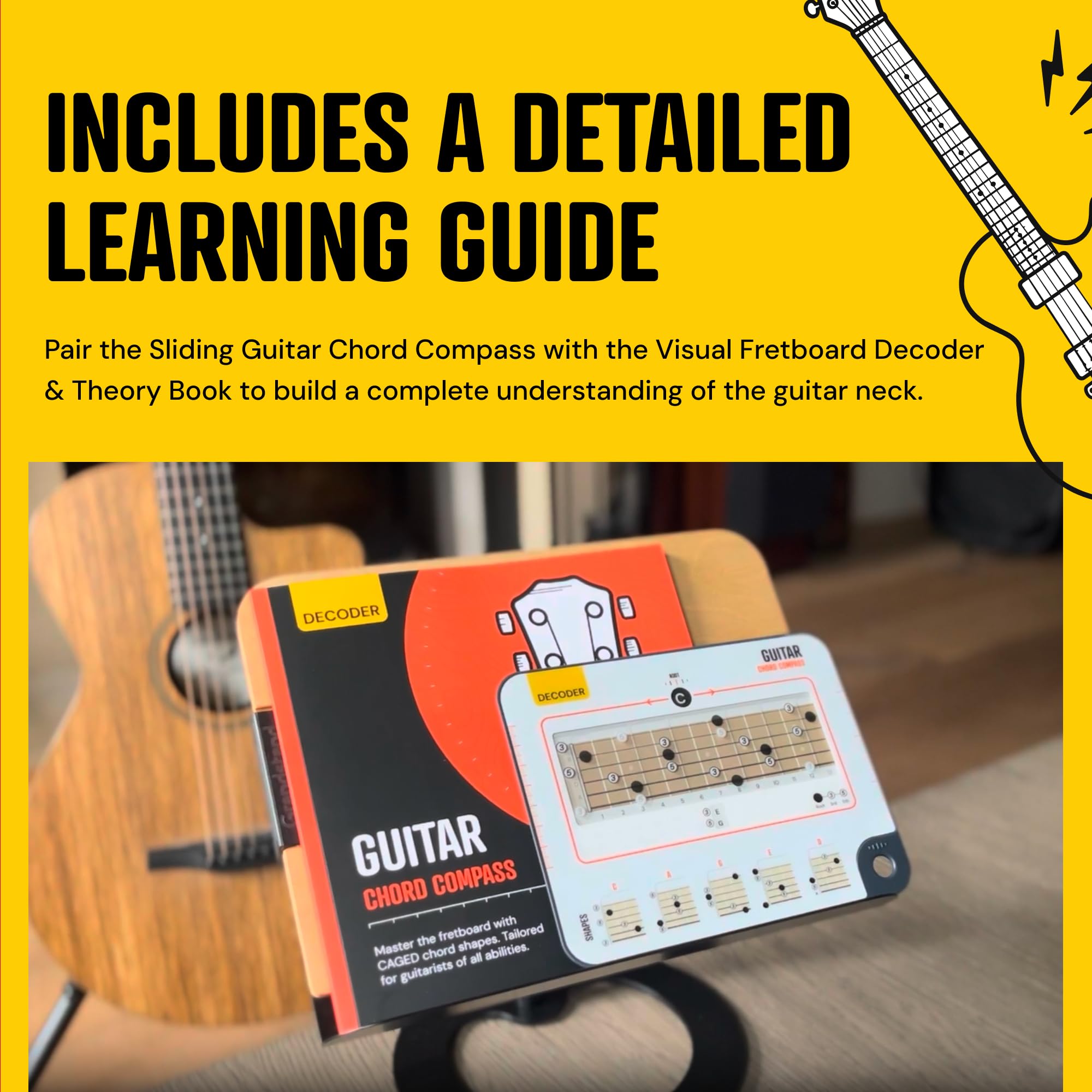 Noisy Clan Gitarren-Akkord-Kompass & Buch-Set – Griffbrett-Logik & CAGED-System meistern – Songwriting & Theorie vereinfachen – Mobiles Tool & 64-seitiger Guide