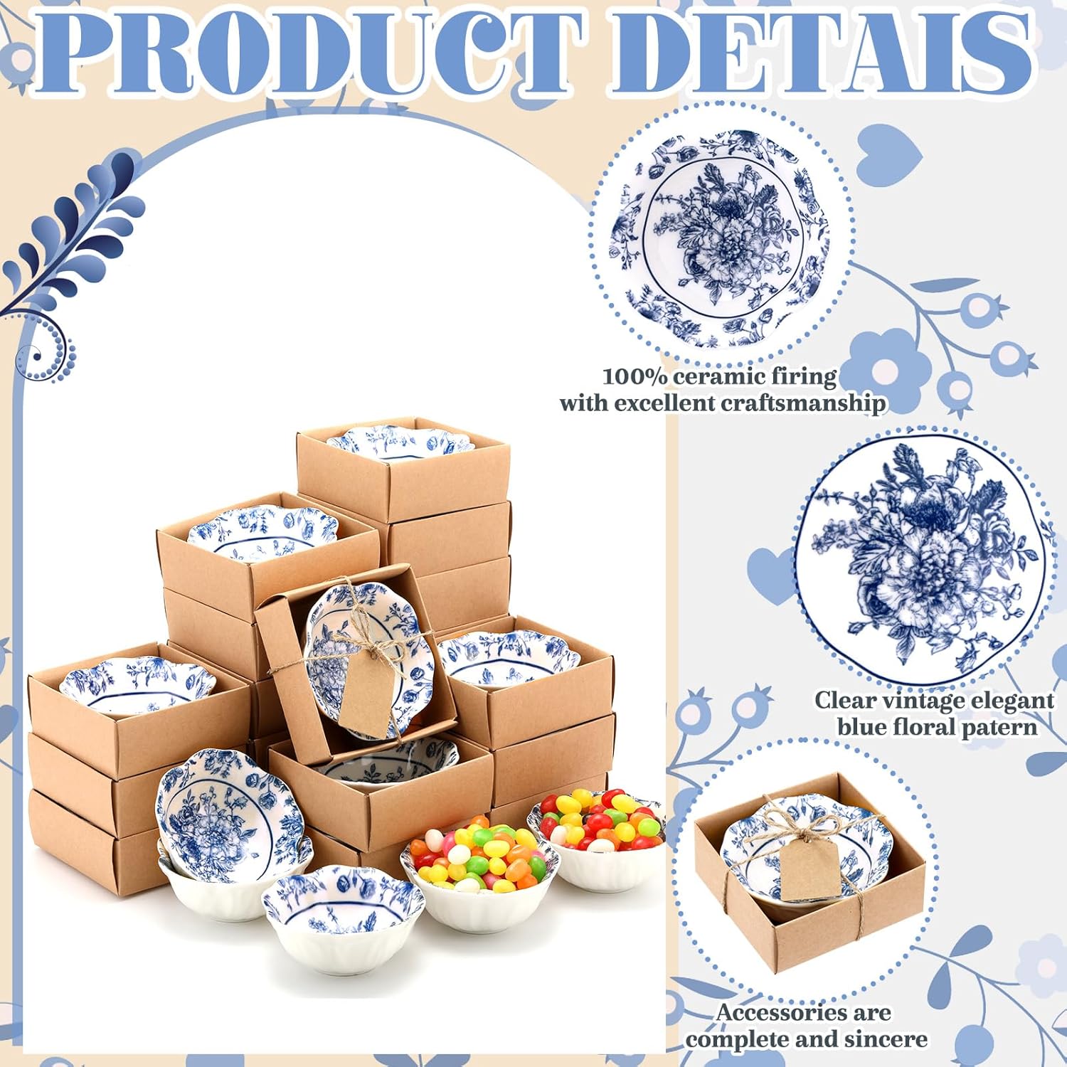 24 Pcs Wedding Favors for Guests Small Ceramic Bowl Bulk Gifts Set 3.3 Inch Floral Design Mini Dipping Sauce Dish with Card Box for Bridal Pooja Baby Shower Birthday (Flower,Blue)