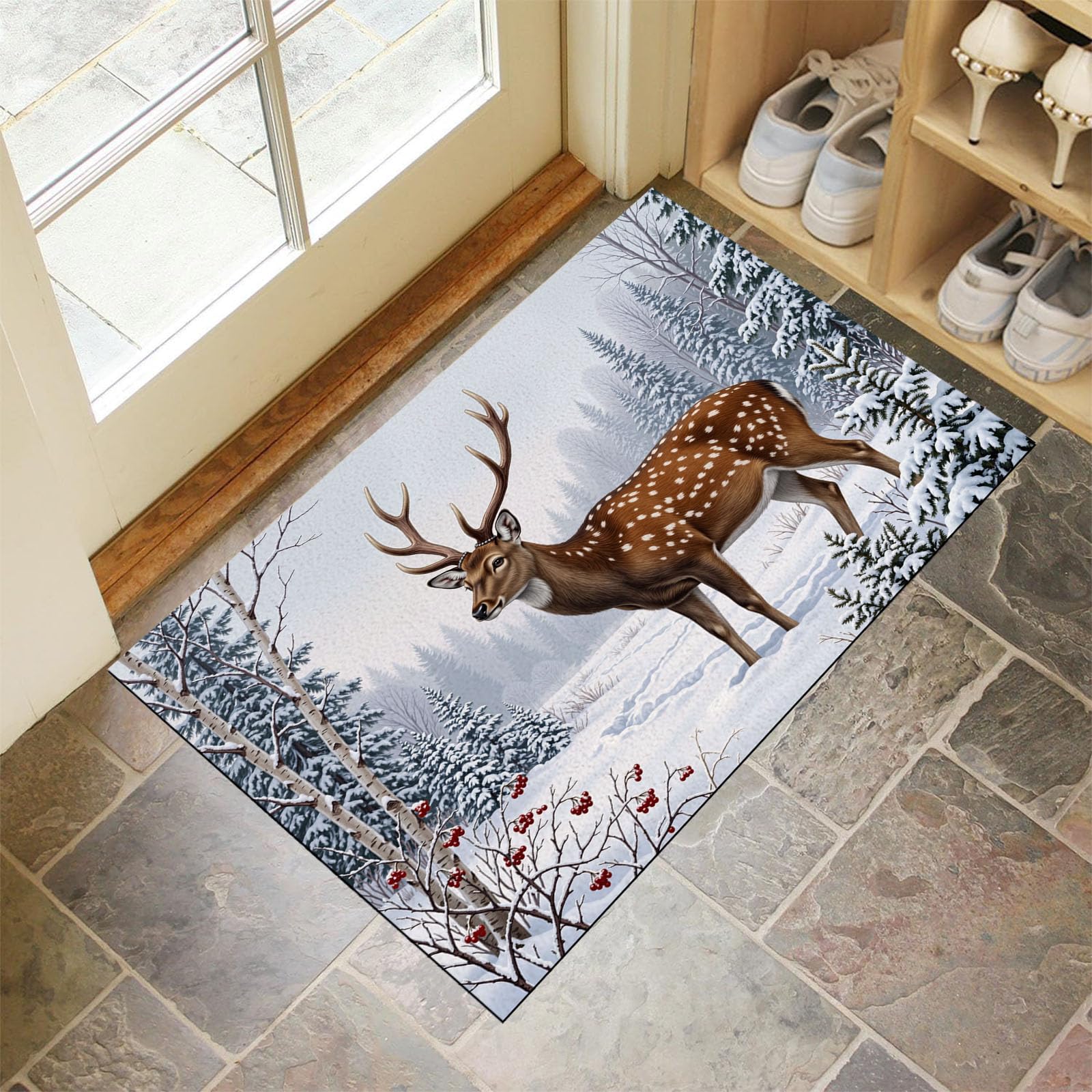 60X90Cm Zerbino Ingresso Interno Antiscivolo Assorbente, Tappeto Microfibra Sottile Lavabile Con Renna Delle Nevi Invernali Animali Della Foresta Nordica Per Cucina Bagno Porta Animali, Bianco