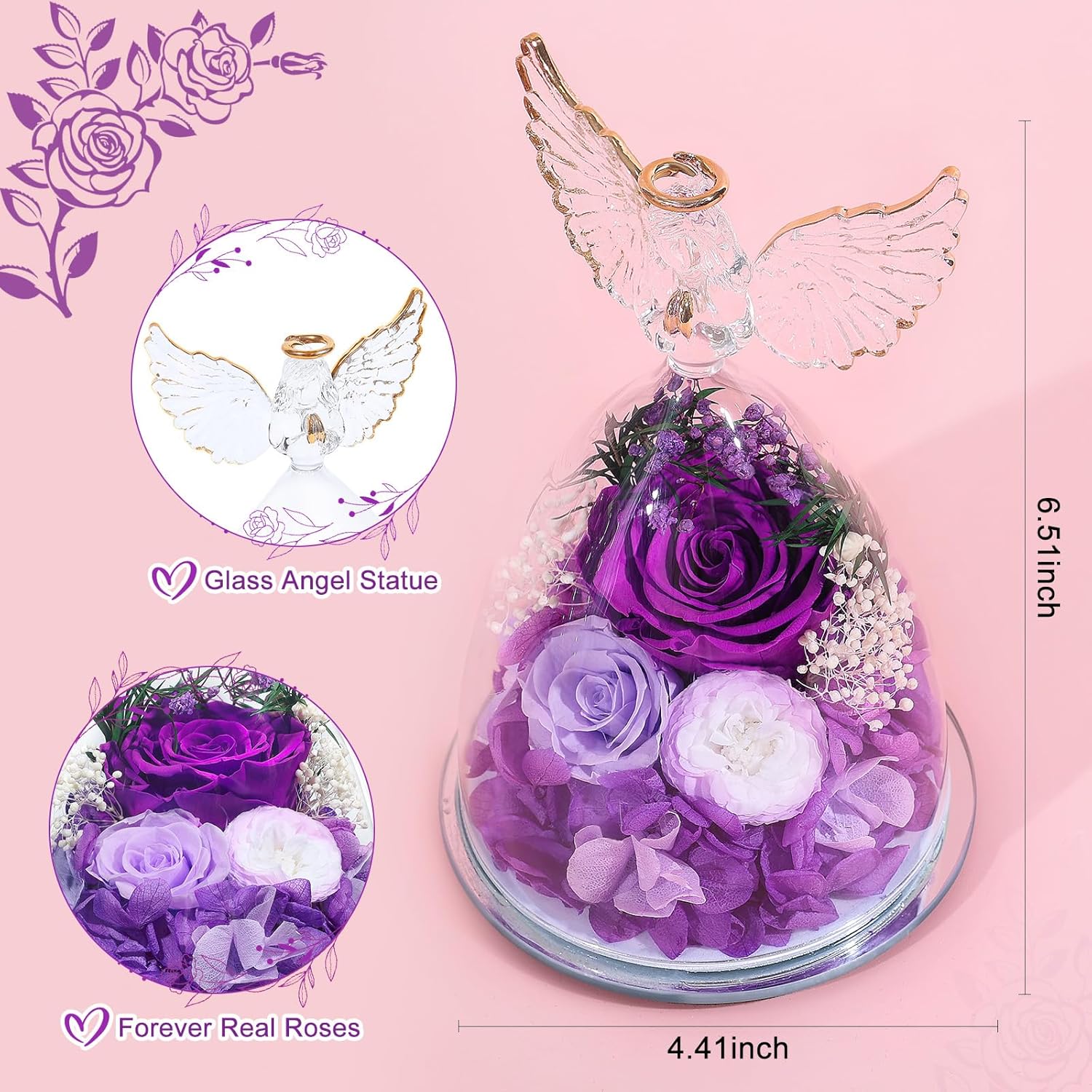 FIACO Gifts for Mom Women Birthday Preserved Rose in Glass Angel Figurine Forever Fresh Flower for Delivery, Mothers Day Flowers Gifts for Grandma Wife Daughter Friends