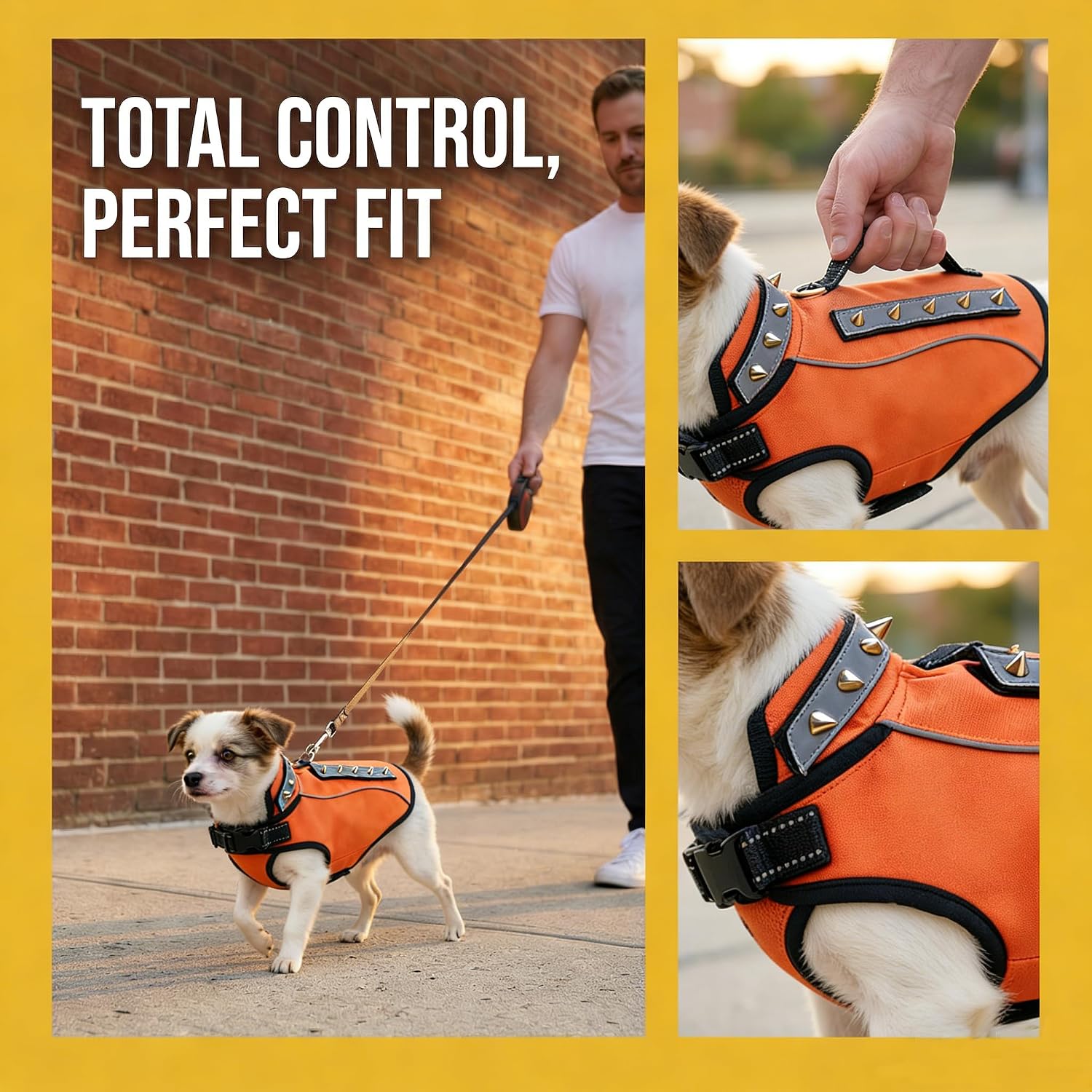 Spiked Dog Vest & Harness for Small Dogs, Coyote Hawk Predator Attack Protection, Adjustable Straps Lightweight Breathable Outdoor Safety Gear (Orange, Small)