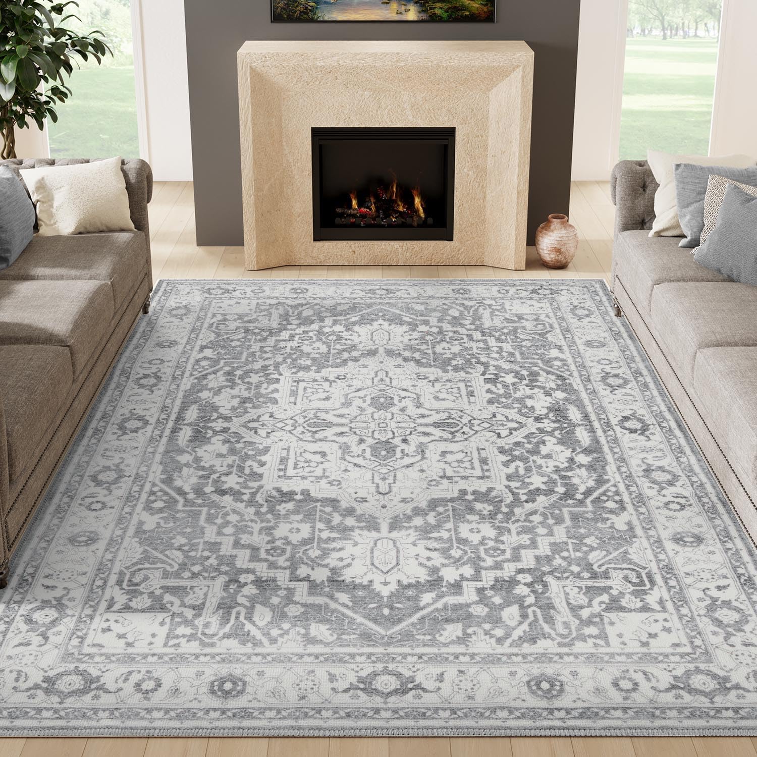 jinchan 8x10 area rugs for living room - machine washable tribal vintage floral stain resistant ultra-thin low-pile non-slip distressed carpet for bedroom dining room kitchen (8x10ft,light grey) 8'x10' vintage light grey