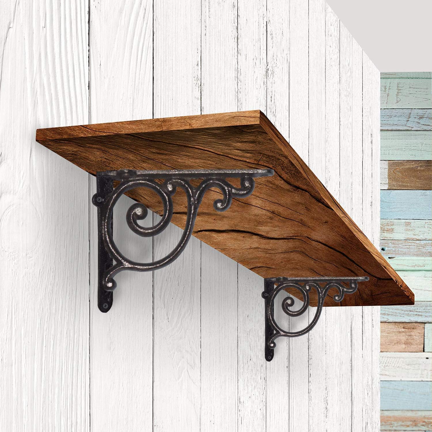 NACH Cast Iron Victorian Scroll Shelf Wall Mount Shelf Bracket, Decorartive Shelving Brackets, Wall Mount Brackets for Shelves, Pack of 4, 5.51x1.18x4.4 Inches, Black, JS-90-419