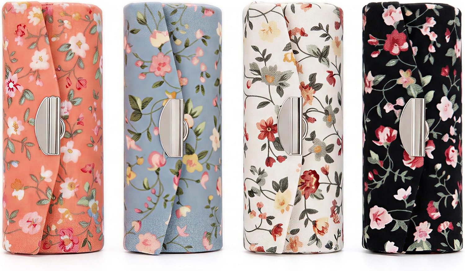 4 Pack Floral Lipstick Case with Mirror for Purse, Vintage Canvas Makeup Travel Pouch, Small Cosmetic Storage Organizer Holder Gifts for Women Ladies (Vintage Ditsy Floral)