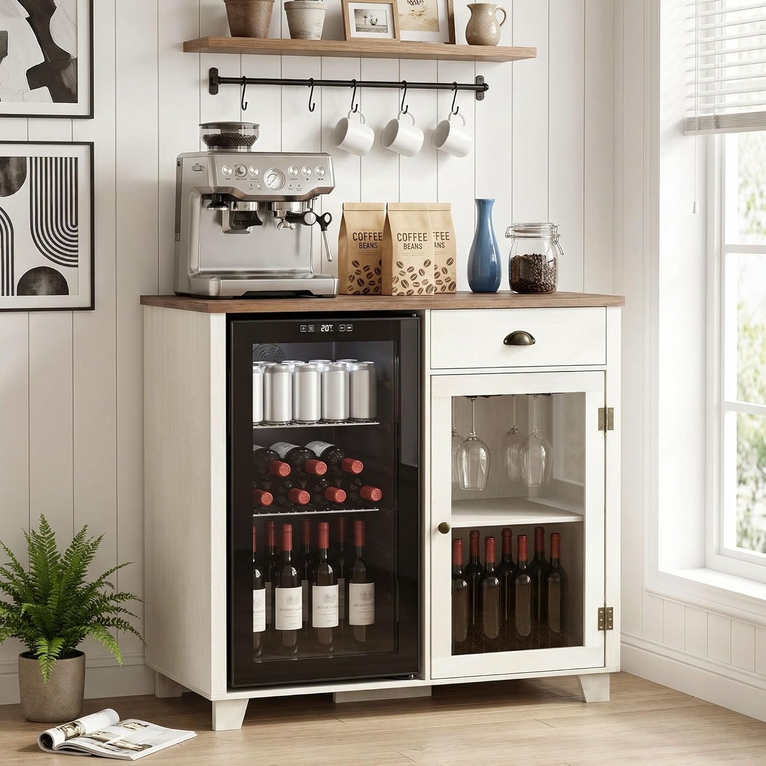 LAZZO 41.7" Mini Fridge Cabinet Coffee Bar with Mini Fridge Space,Power Outlet & Goblet Holder Bar Cabinets for Home Buffet Cabinet with Storage for Kitchen Dining Room Living Room Beige (41.7" L)