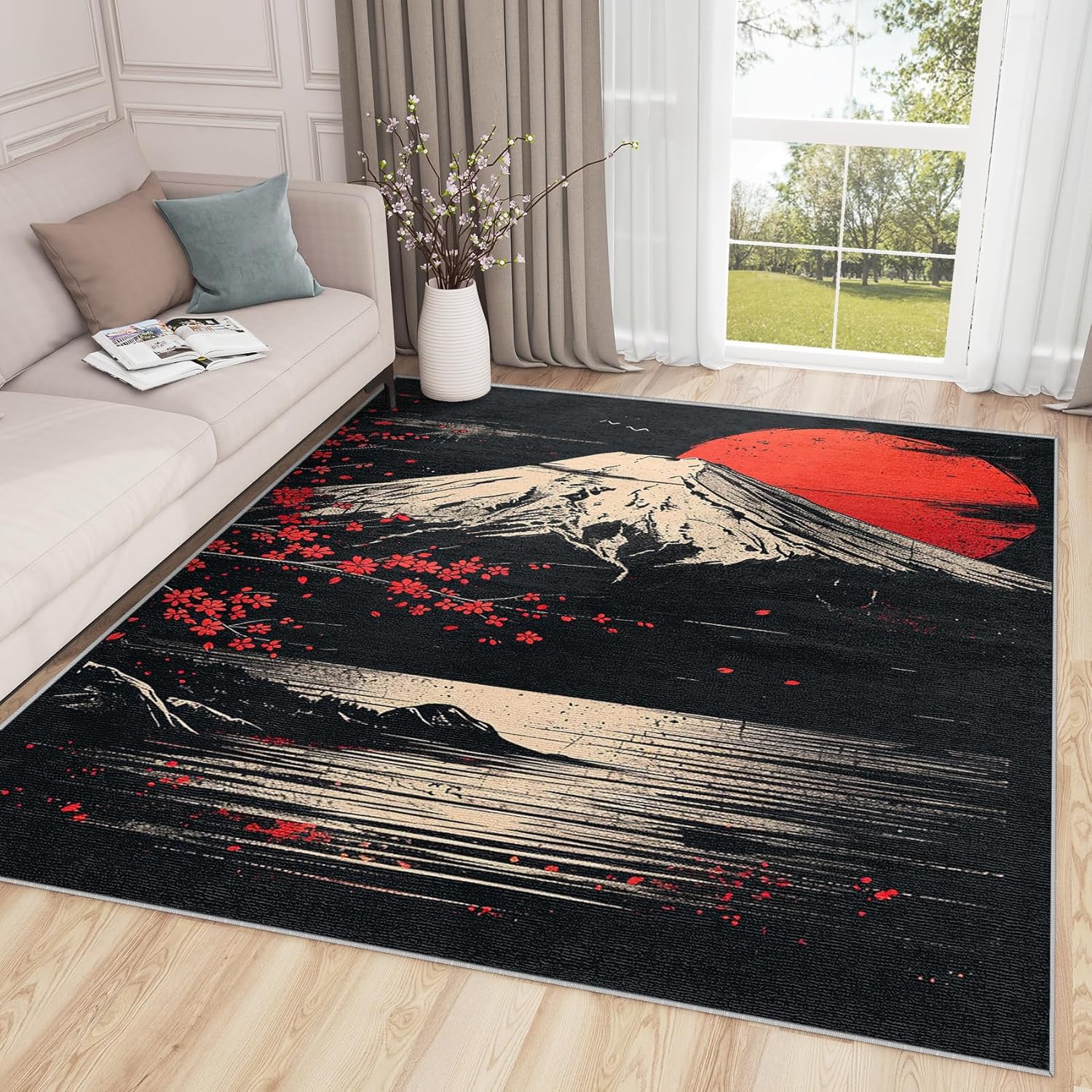 Japanese Rug 5x7-2x3 Rug - Japanese Rug - Japan Mount Fuji Landscape Area Rug - Sun and Mountain Rugs - Black and Red Carpet - Home Decor