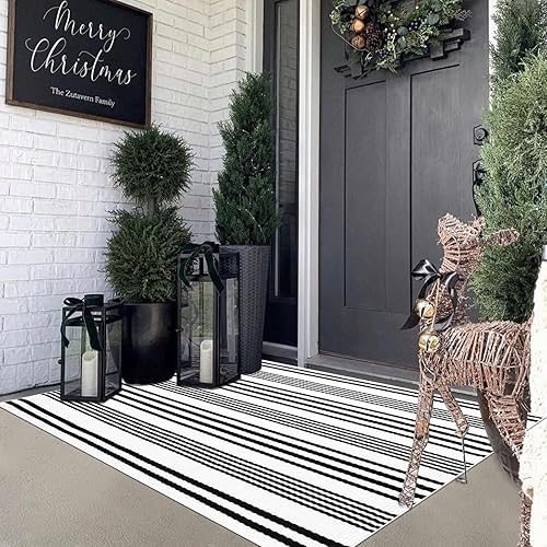 Vista 64 de Alfombra de exterior a rayas blancas y negras, 2 x 3 pies, de algodón, moderna, tejida a mano, reversible, para porche, puerta de bienvenida, 1 tira