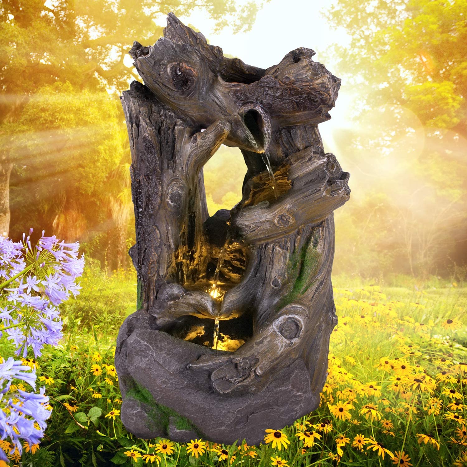 Fuente de jardín Fuente Ornamental Fuente de habitación Bosque con luz LED 230 V Cascada terraza balcón Muy Decorativa
