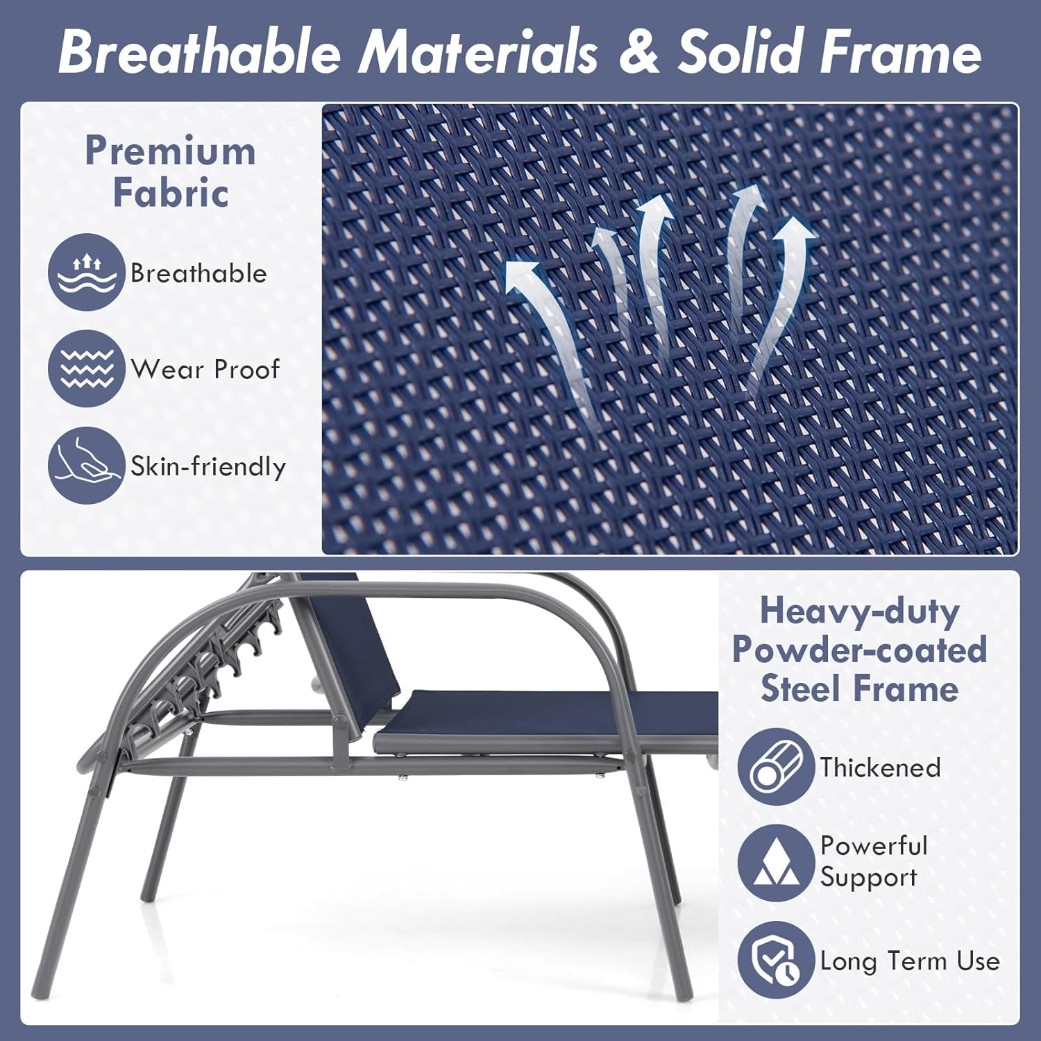 Giantex 2 Pack Patio Lounge Chair, Outdoor Chaise Lounge with 5 Adjustable Backrest, Sturdy Steel Frame, Sunbathing Recliner, Beach Chair, Tanning Chair for Outside, Yard, Balcony, Pool Chairs, Navy