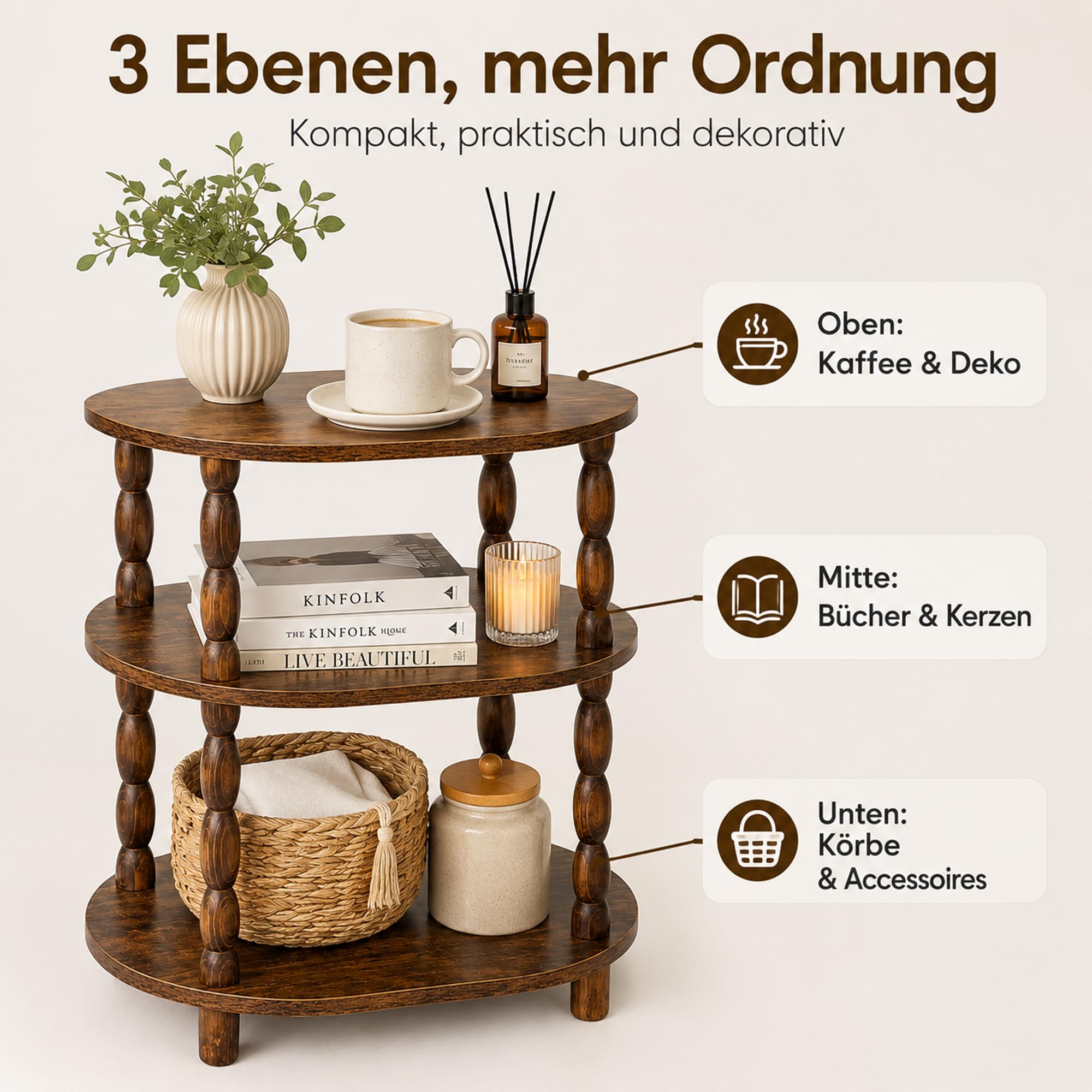 Beistelltisch 3 Ebenen, Oval, Klein, Vintage, Rustikales Braun | Nachttisch, Couchtisch mit Massivholzbeinen, Für Wohnzimmer & Schlafzimmer, 30 x 40 x 57 cm