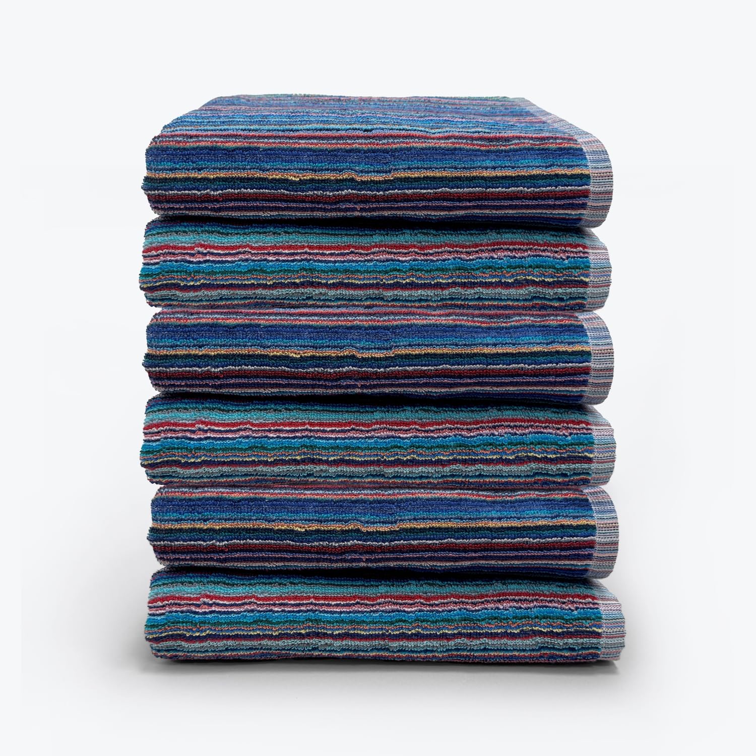 Odyssey 100% Recycled Cotton Bath Towel Set - Multi Coloured Remnant Yarn Stripe, Absorbent, Quick Dry, Lightweight 400GSM 6 x Bath Towels 70 x 120cm