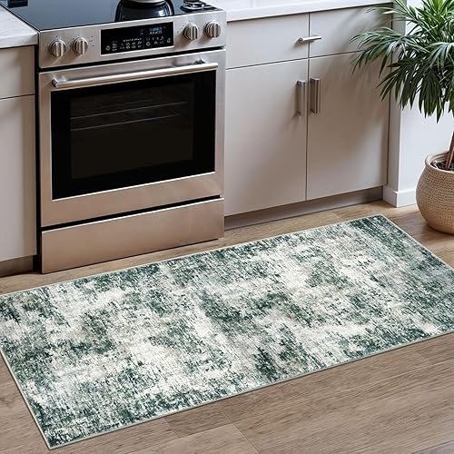 Miniatura 24 de Alfombra moderna y abstracta de área pequeña para interior de 3 x 5 pies, alfombra lavable, antideslizante, suave, verde salvia, gris, alfombra de