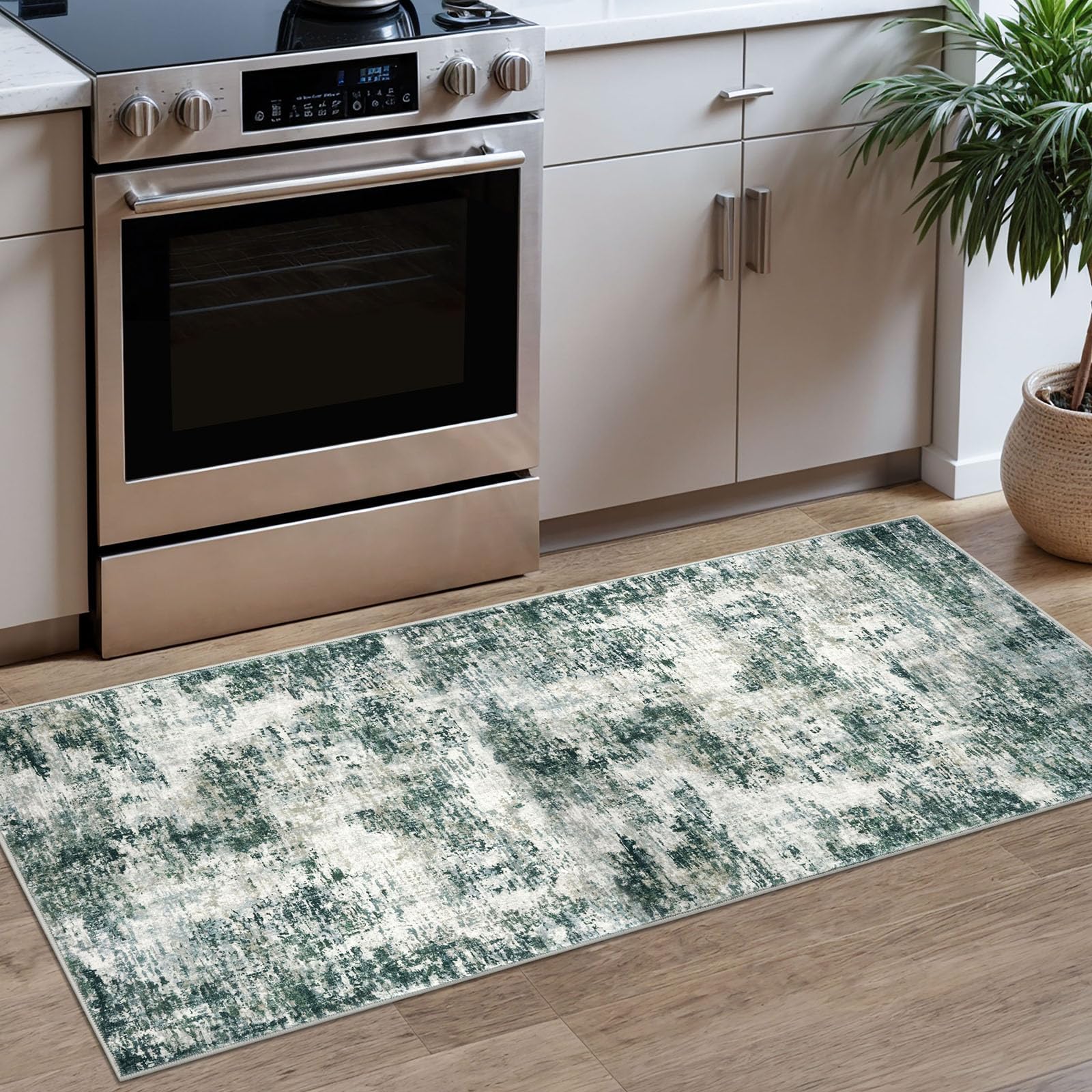 Lansny Modern Abstract Runner Rug 2x5, Grey Green Washable Entryway Kitchen Runner Non-Slip Soft Hallway Rug Runner Thin Print Faux Wool Carpet for