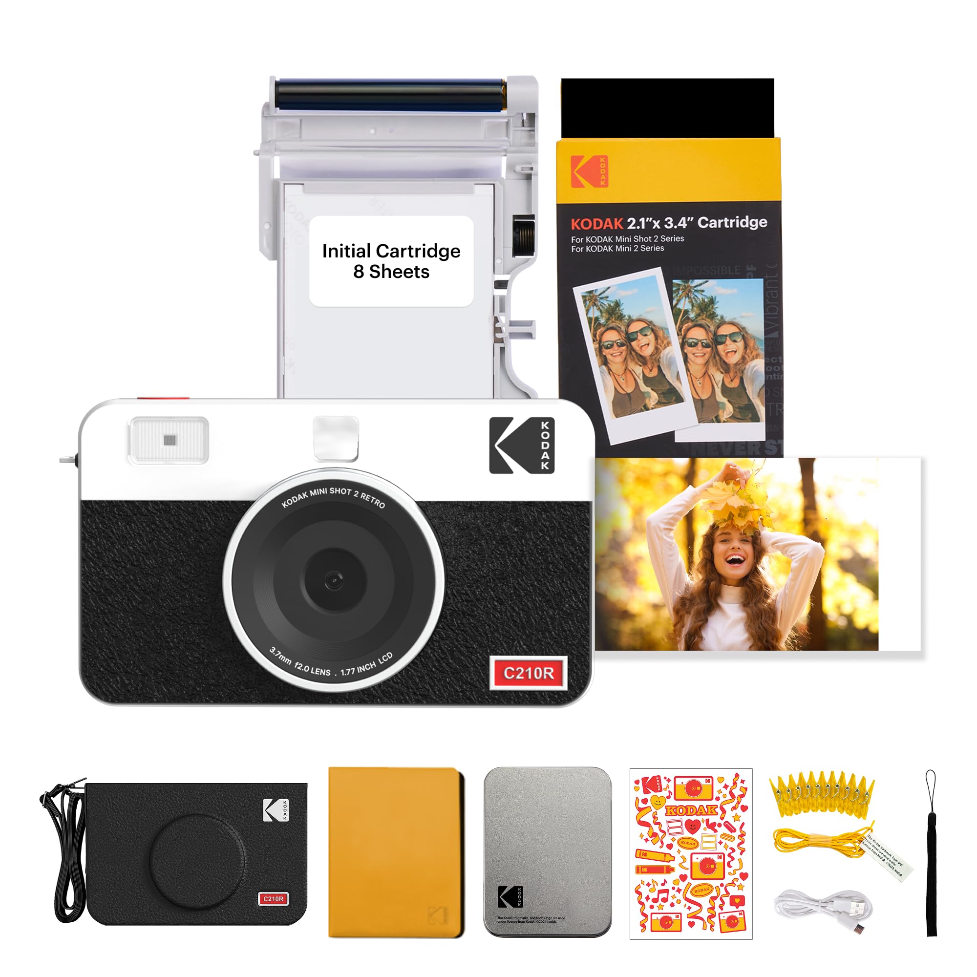 KODAK Mini Shot 2 Retro 4PASS 2-in-1 Instant Camera and Photo Printer (2.1x3.4 inches) + Initial 8 Sheets + 30 Sheets Gift Bundle, White