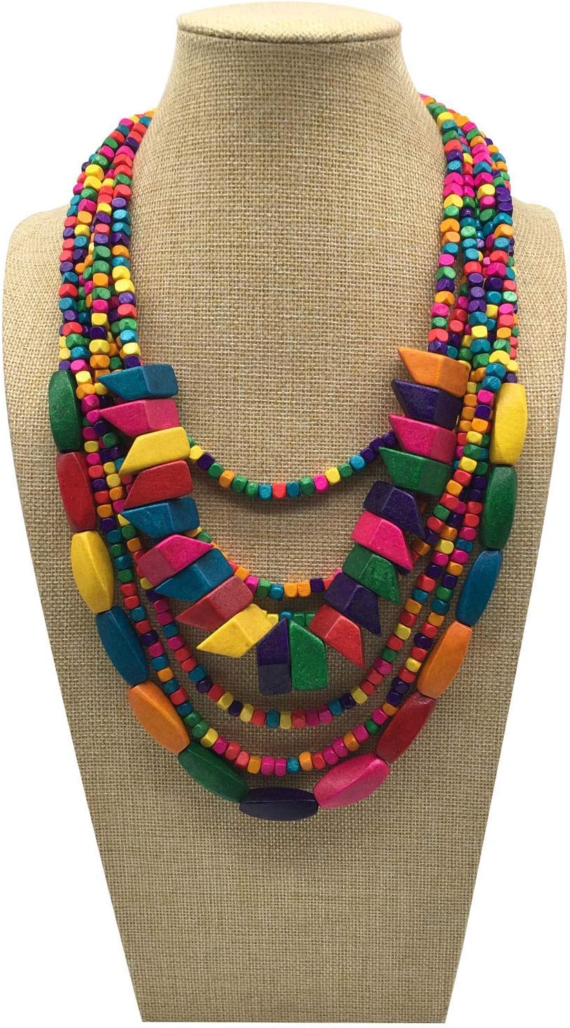 Statement Multicolor Wood Bead Chunky Layered Necklace For Women Multi Layer Color Wooden Beaded Bib Long Strand African Necklace For Women Fashion Jewelry Costume (01) - Image 3