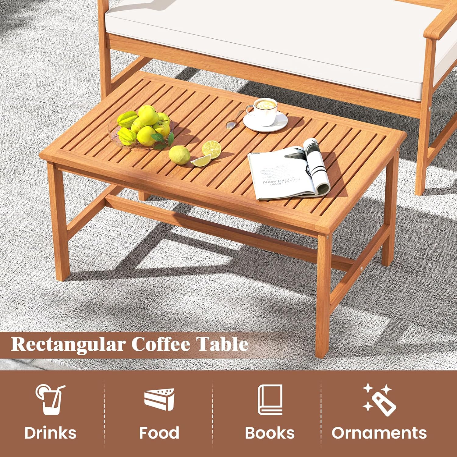 Tangkula 8-Piece Acacia Wood Patio Conversation Set, Outdoor Furniture Set with 2 Armchairs, Loveseat, Coffee Table, Soft Cushions, Slatted Sofa and Chairs Set for Deck, Backyard (Off White,2)