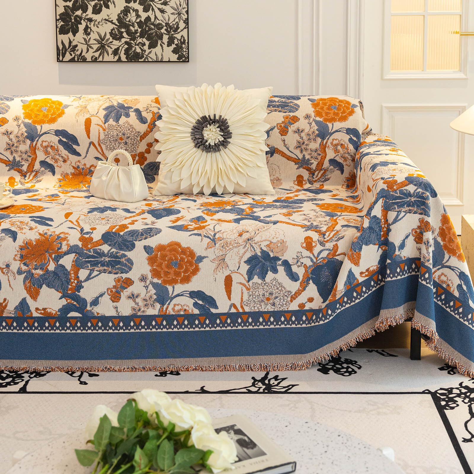 HANDONTIME Vintage Sofa Slipcovers French Country Sofa Covers Couch Cover for 3 Cushion Couch Sofa Floral Butterfly Couch Cover for Dogs Pets Friendly Blue Orange Couch Cushion Covers, 71" X118"