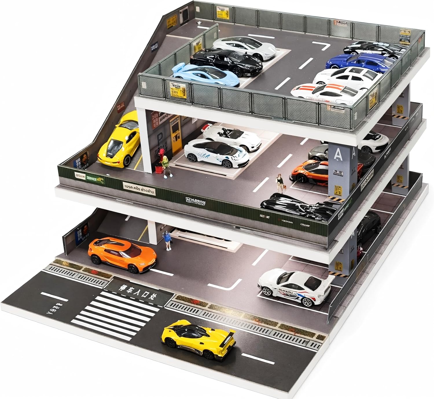 Display Case for Hot Wheels: Toy Car Garage Diorama with LED Lights, Freestanding 3-Level City Parking Lot Scene with Ramps for 1/64 Diecast Cars, Storage Display Stand Holds Up to 50+ Cars