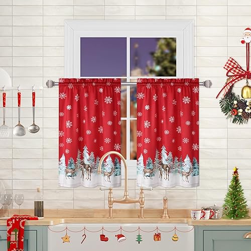 ROYGROW Cortina de cocina de terciopelo navideño para decoración navideña, cortina de café de 24 pulgadas, con bolsillo para cortinero, 2 paneles