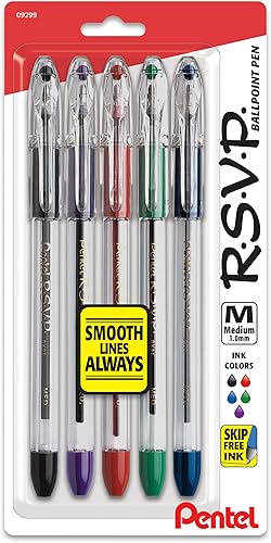 Pentel R.S.V.P. Bolígrafo, trazo medio, tinta azul, paquete de dos unidades (BK91BP2C), Variados Paquete de 5 Variado,Negro -,Violeta