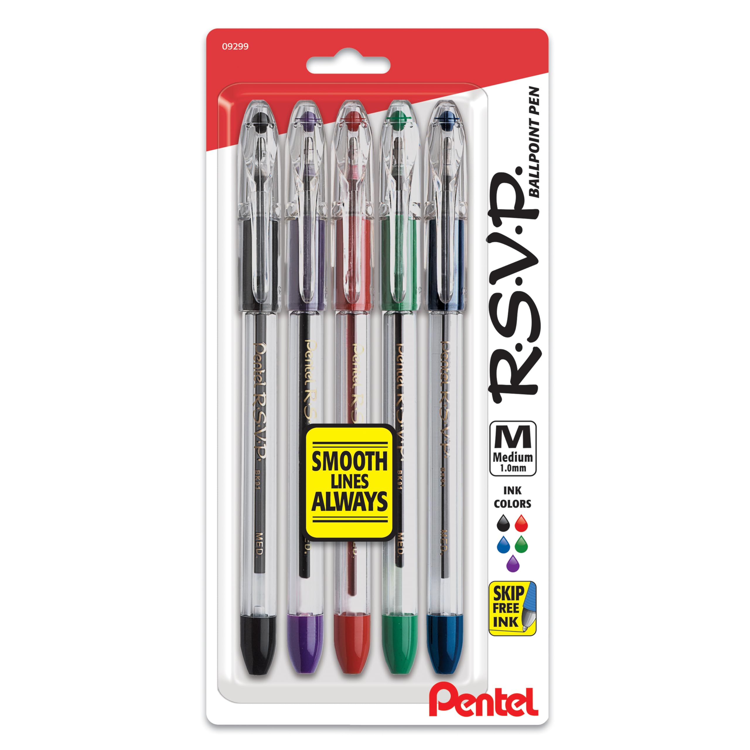 PentelR.S.V.P. Ballpoint Pen, Medium Line, Assorted Ink, 5 Pack (BK91BP5M)