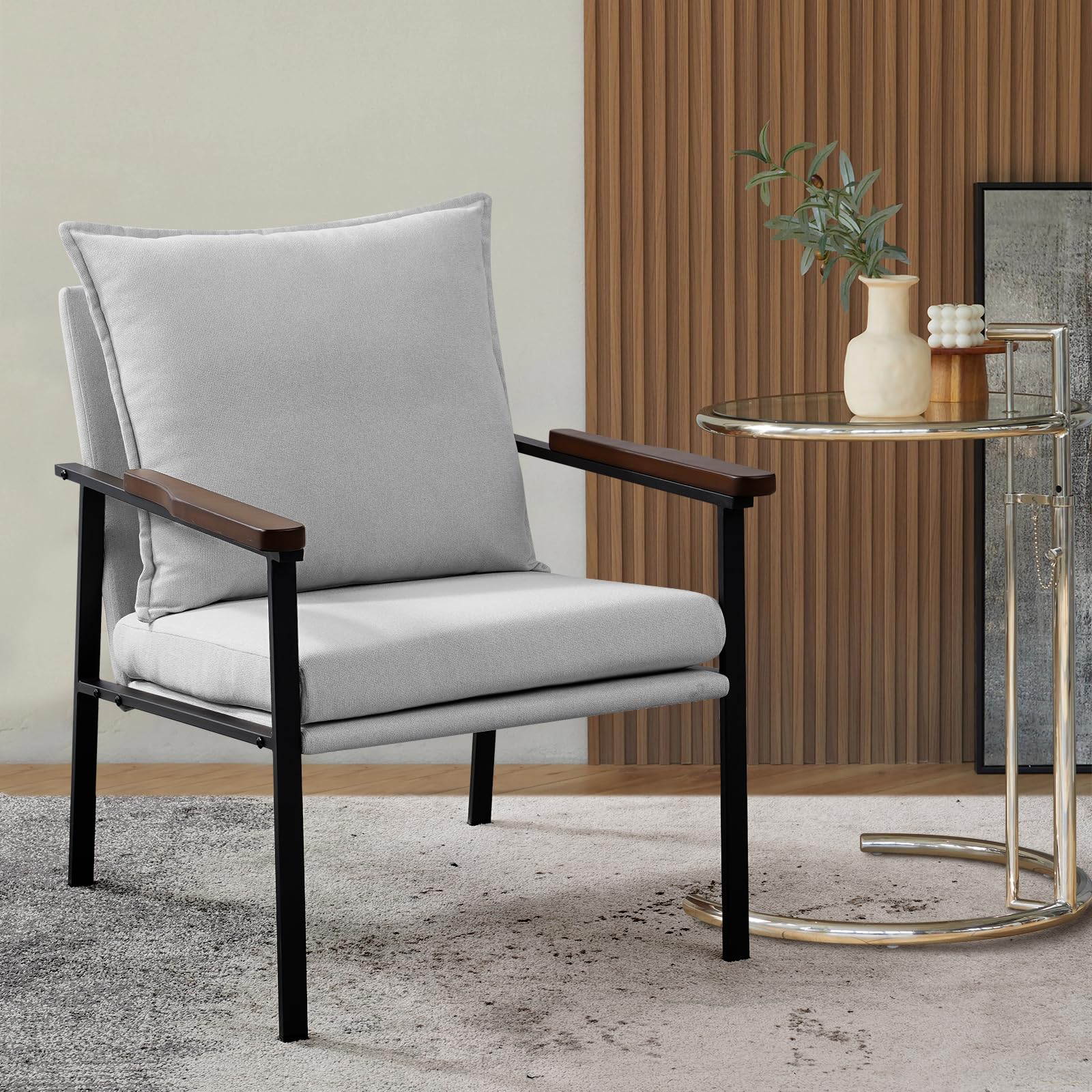 Amazon Brand- Accent Chair Mid-Century Modern Armchair with Wide Solid Wood armrests,Metal Frame and Foam Upholstery and Cotton Cushion,Linen Fabric (Grey, Set of 1)