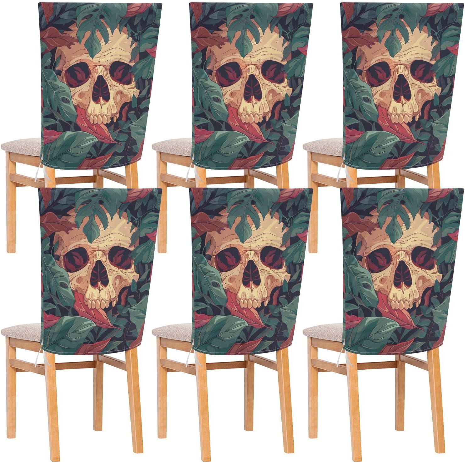 ALAZA Skull in Leaves Chair Back Cover Set of 6, Washable Reusable Removable Chair Slipcovers Decorative Chair Cover for Home Kitchen Wedding Party