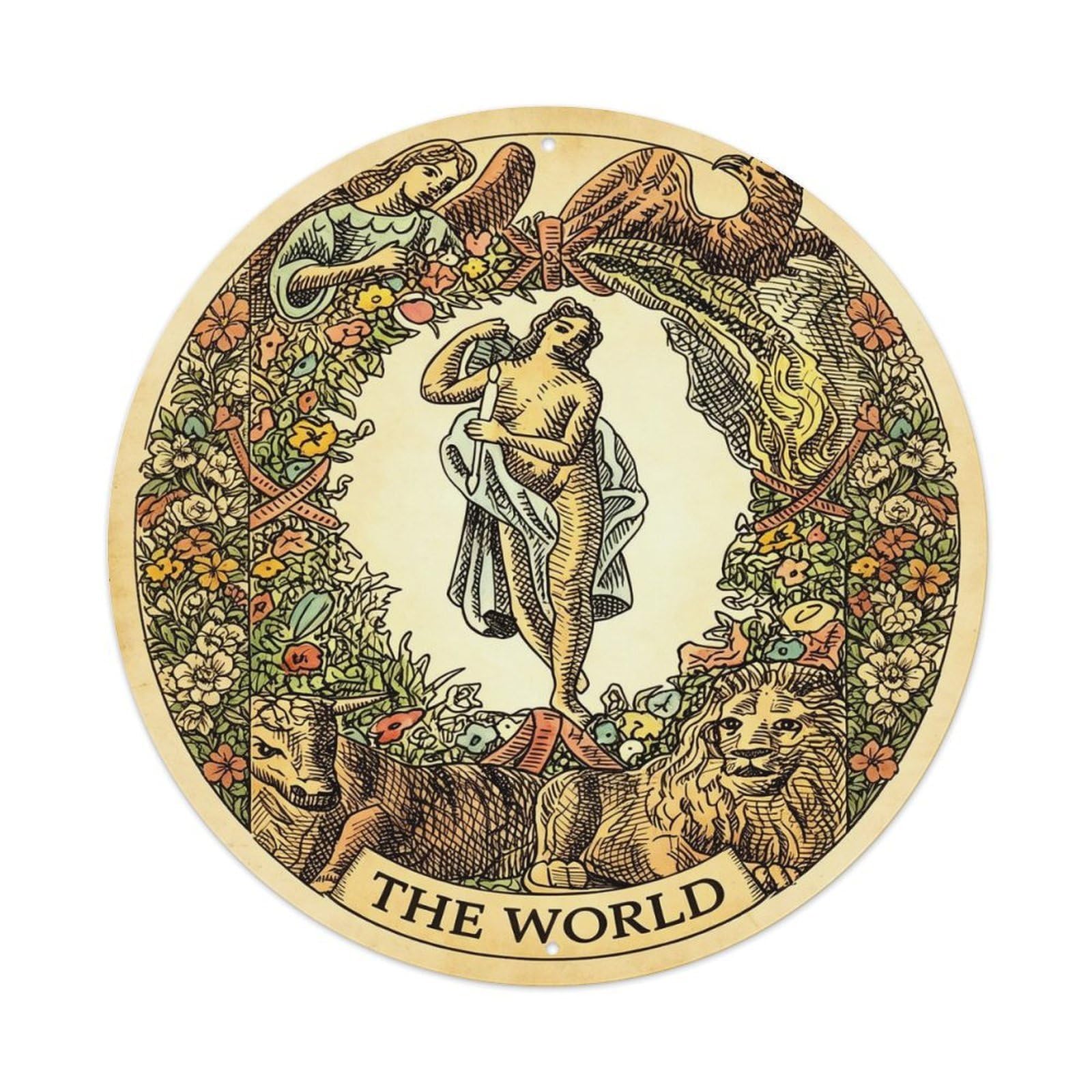 Tarot Card The World Metal Tin Sign Plaque Wall Decor for Cafe, Club, Garden Round Metal Poster 8x8Inch